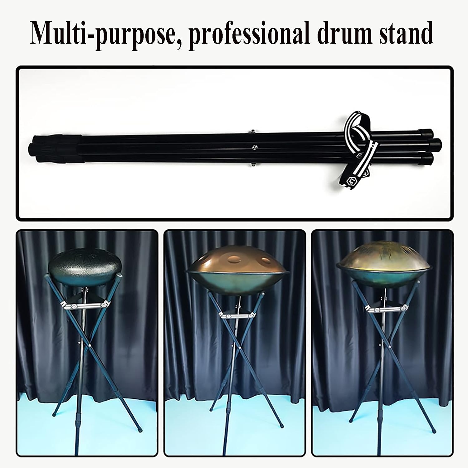 Handpan Stand, Steel Tongue Drum Stand，Iron Braced Tripod Construction Drum Bracket Foldable or Retractable, Professional Grade Stage Stand (Color : Black)