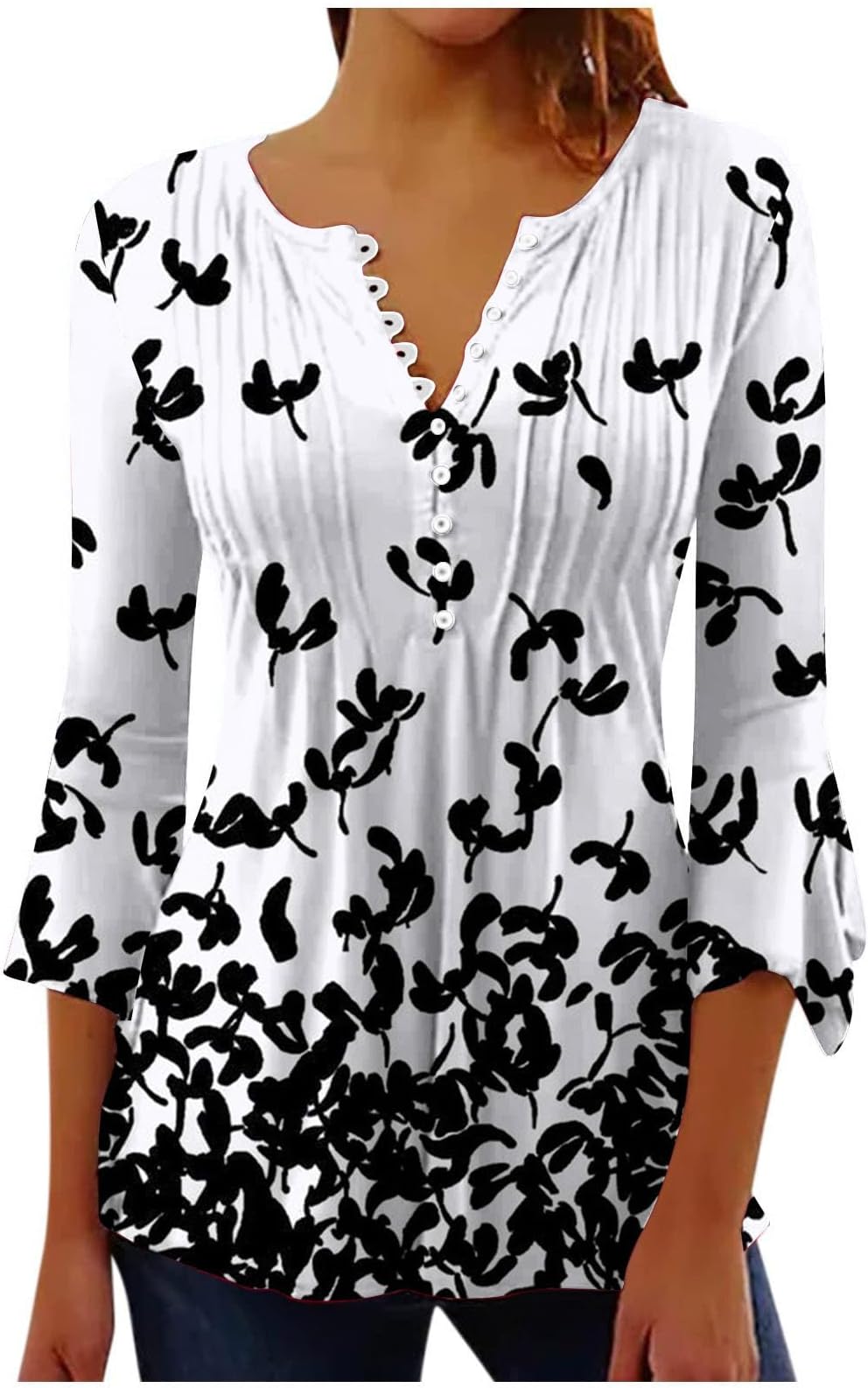 AMhomely Ladies Long Sleeve T Shirt 2023 Summer V-Neck 3/4 Sleeve Print Casual T-Shirt Blouse Vintage Pullover Sweater Workout Tee Shirts Casual T Shirt Top