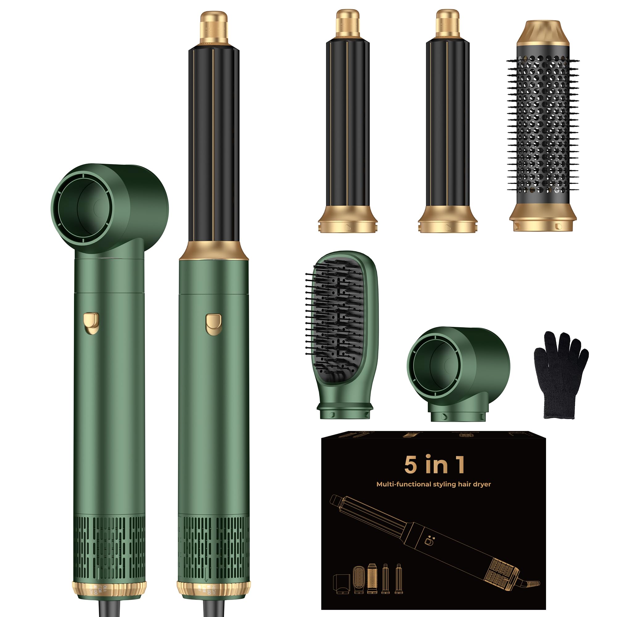 Blow Dryer Brush Set 5 in 1, Hot Air Styler Negative Ionic Low-Temp Hair Care Air Curling Wrap, Round Brush Dryer &amp; Curling Iron for Dry Volumize Straight Curl, 100-120V