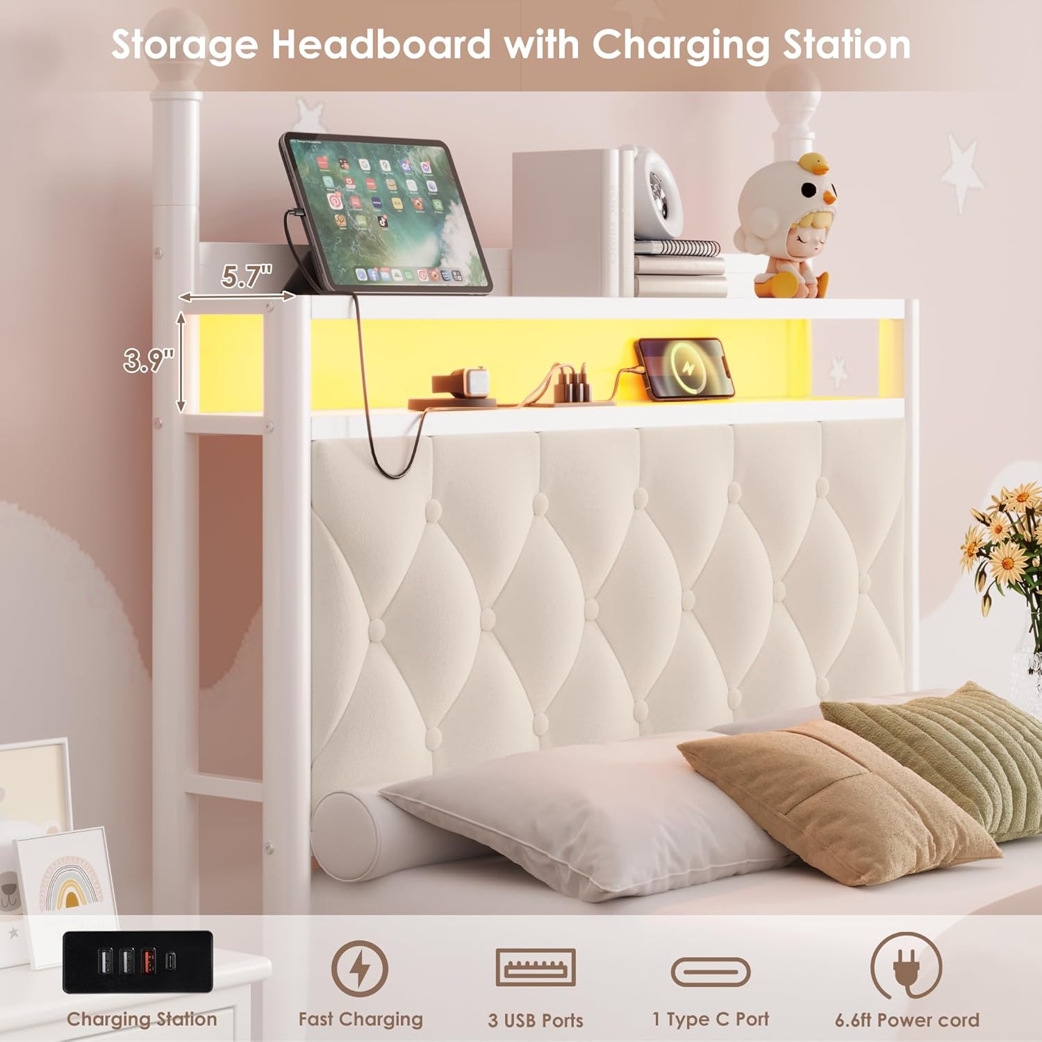 HIFIT Kids Twin Upholstered LED Canopy Bed Frame with Storage and Charging Station, Button Tufted Storage Headboard with Bookshelf, Two-Use Girls Metal Platform Bed, 4 Removable Post & 2 Drawer, Beige