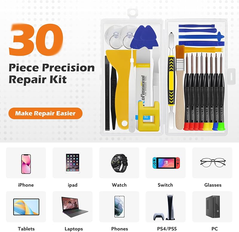 RealPlus 30 részes mini mágneses csavarhúzó készlet - 8 Torx, 16 feszítőszerszám, mágnesező eszköz - Telefonokhoz, tabletekhez, órákhoz, PS4