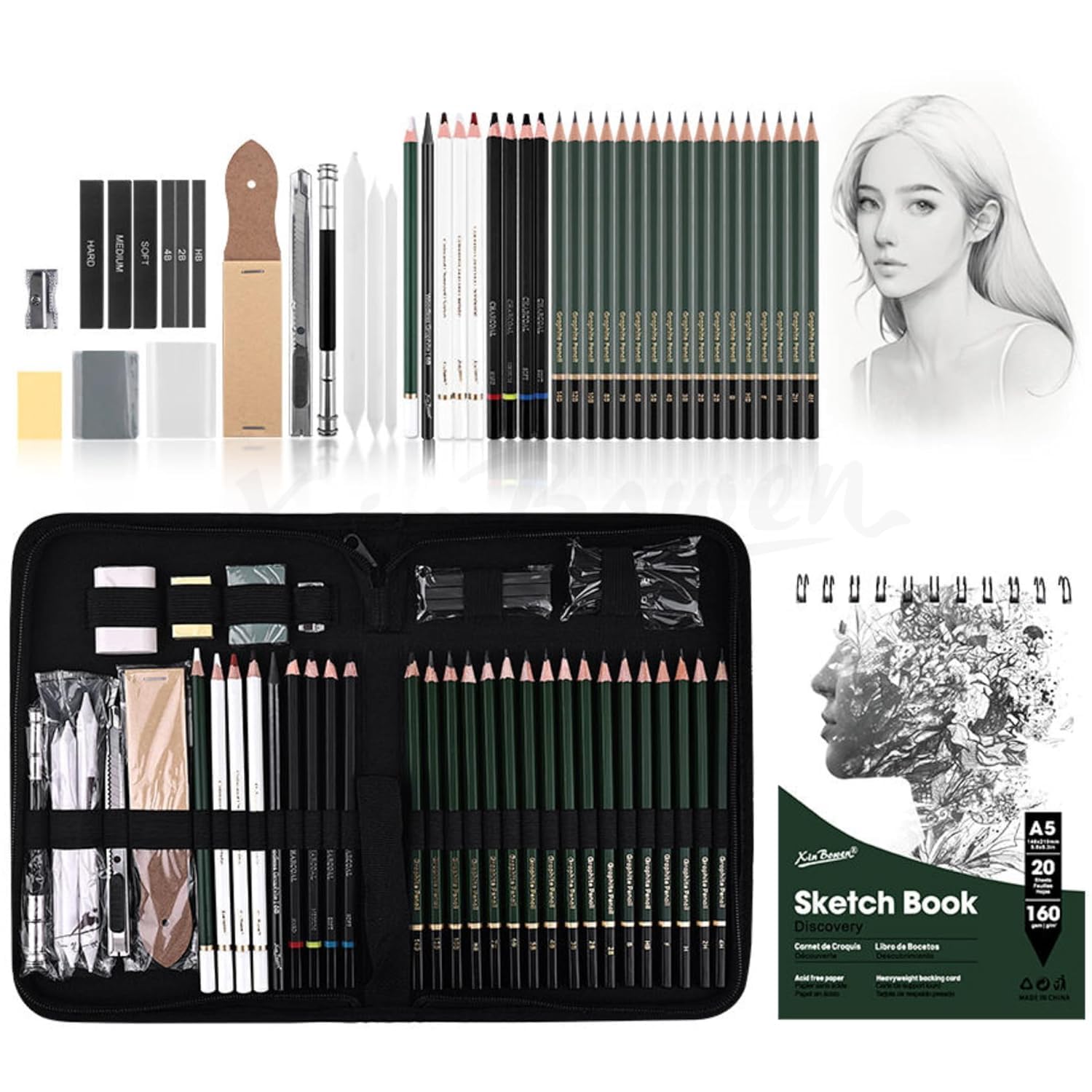 XinBowen Professional Drawing Sketching 43pcs Artist Art Tool Kit Art Supplies for Sketching Pencil Shading, Graphite Charcoal Pencils Set with Sketch Book Included.-picture-43