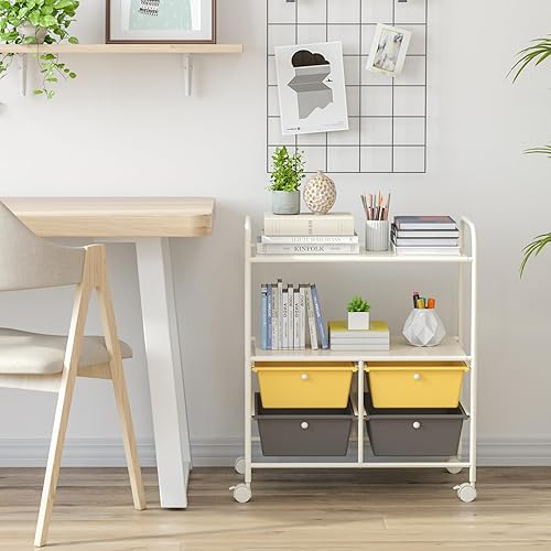 Miniatura 2 de RELAX4LIFE Carrito de almacenamiento rodante con 4 cajones, carrito utilitario con ruedas con 2 estantes y marco de metal, organizador de archivos