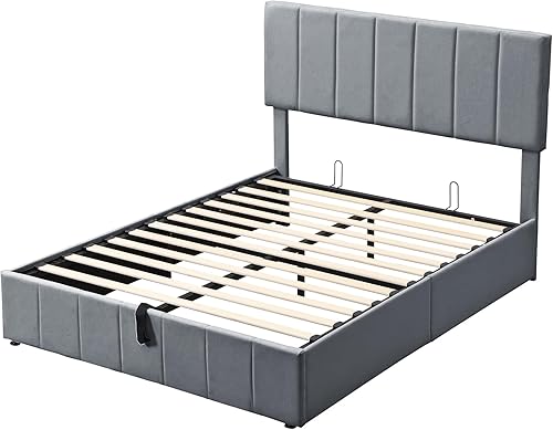 Miniatura 50 de Base de cama LED tapizada tamaño Queen, plataforma flotante de terciopelo con cabecero, MDF moderna y cama de madera contrachapada (beige-081)