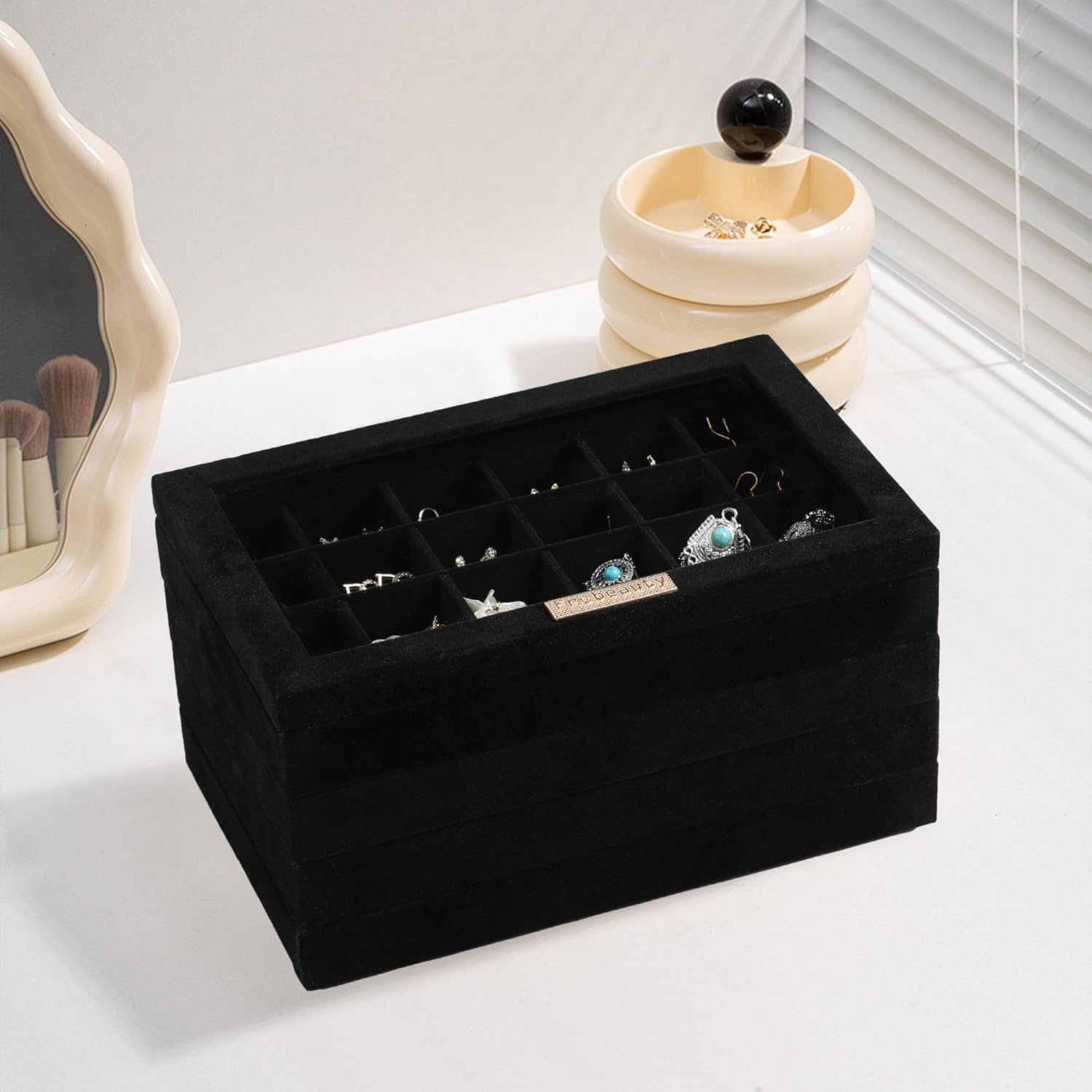 Frebeauty Stackable Jewelry Trays with Lid,Velvet Earring Organizer Tray,5-in-1 Jewelry Organizer for Drawer Vanity Dresser,Jewelry Storage for Studs Bracelets,10.5 x 6.5 x 5.55 Inches,Gift for Women - Image 6