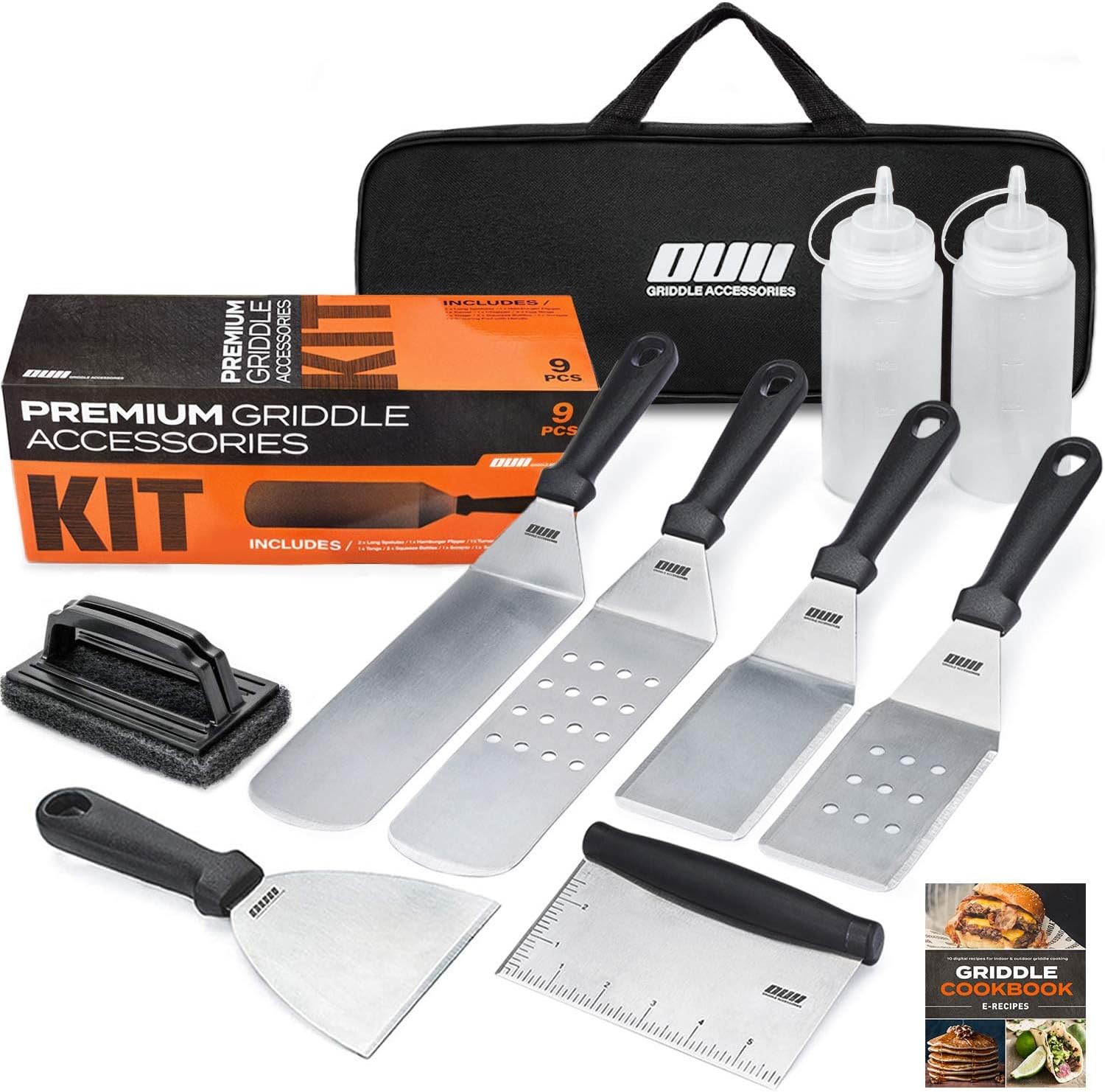 Flat Top Griddle Accessories Set for Blackstone and Camp Chef Griddle - 9 Pieces Set with Griddle Cleaning Kit and Carry Bag! Metal Spatula, Scraper for Hibachi Grill and Teppanyaki Grill