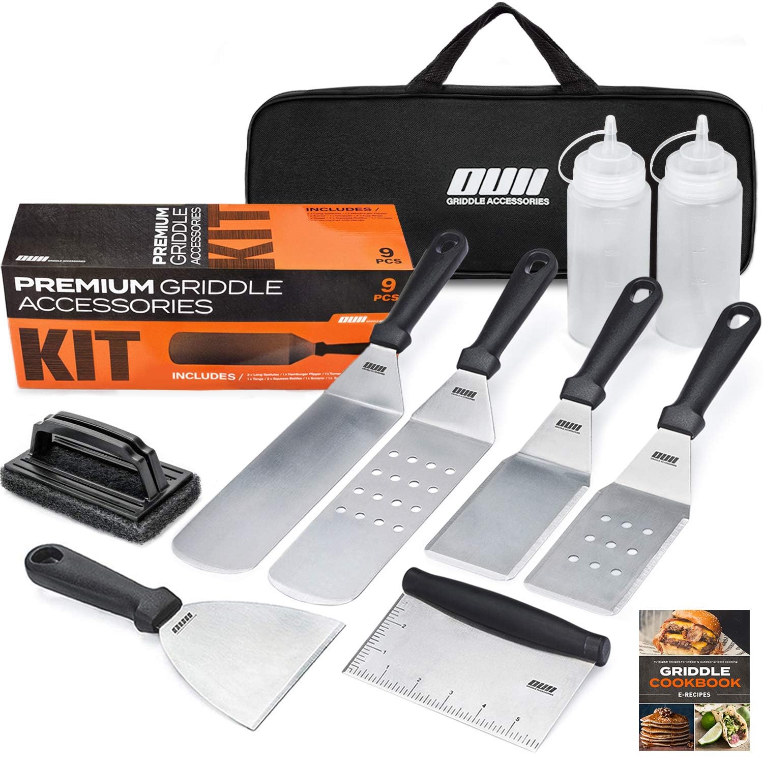 Flat Top Griddle Accessories for Blackstone and Camp Chef Griddle - 9 Pieces Set with Griddle Cleaning Kit and Carry Bag! Metal Spatula, Scraper for Hibachi and Teppanyaki Grill