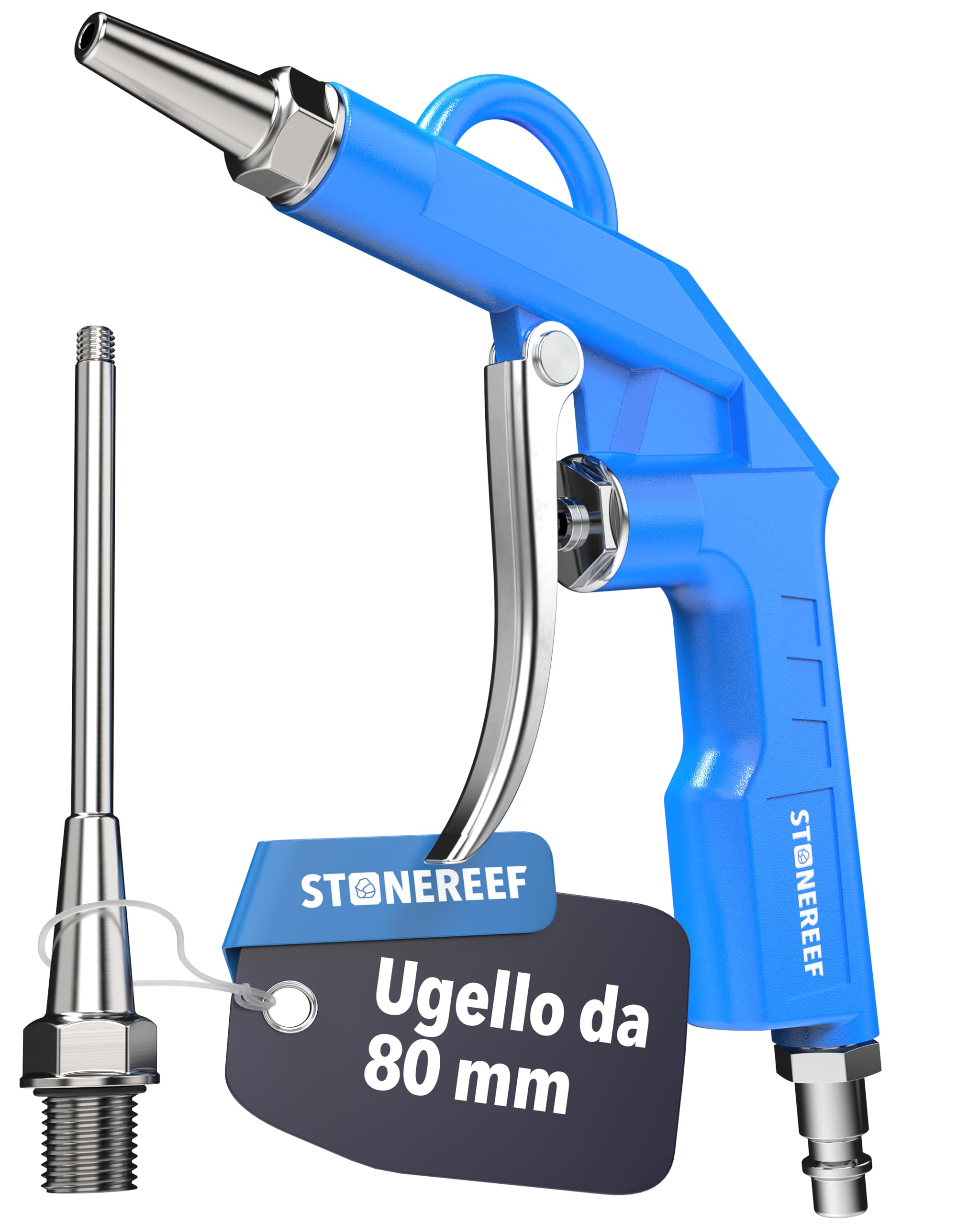 Pistola di scarico ad aria compressa – alloggiamento in alluminio, 12 bar, attacco da 1/4 pollici – pistola a soffiaggio con ugello da 80 mm – per officina, pulizia, compressore, pressione dell'aria e