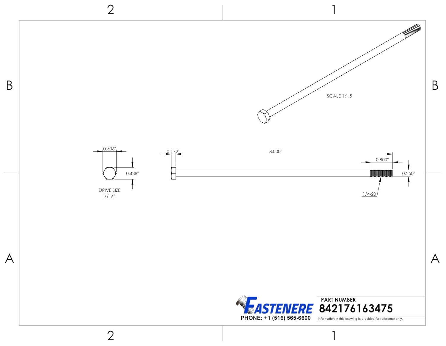 1/4-20 x 8 Hex Head Cap Screw Bolts, External Hex Drive, Stainless Steel 304, Partially Threaded, Stainless Steel, Quantity 5 by Fastenere