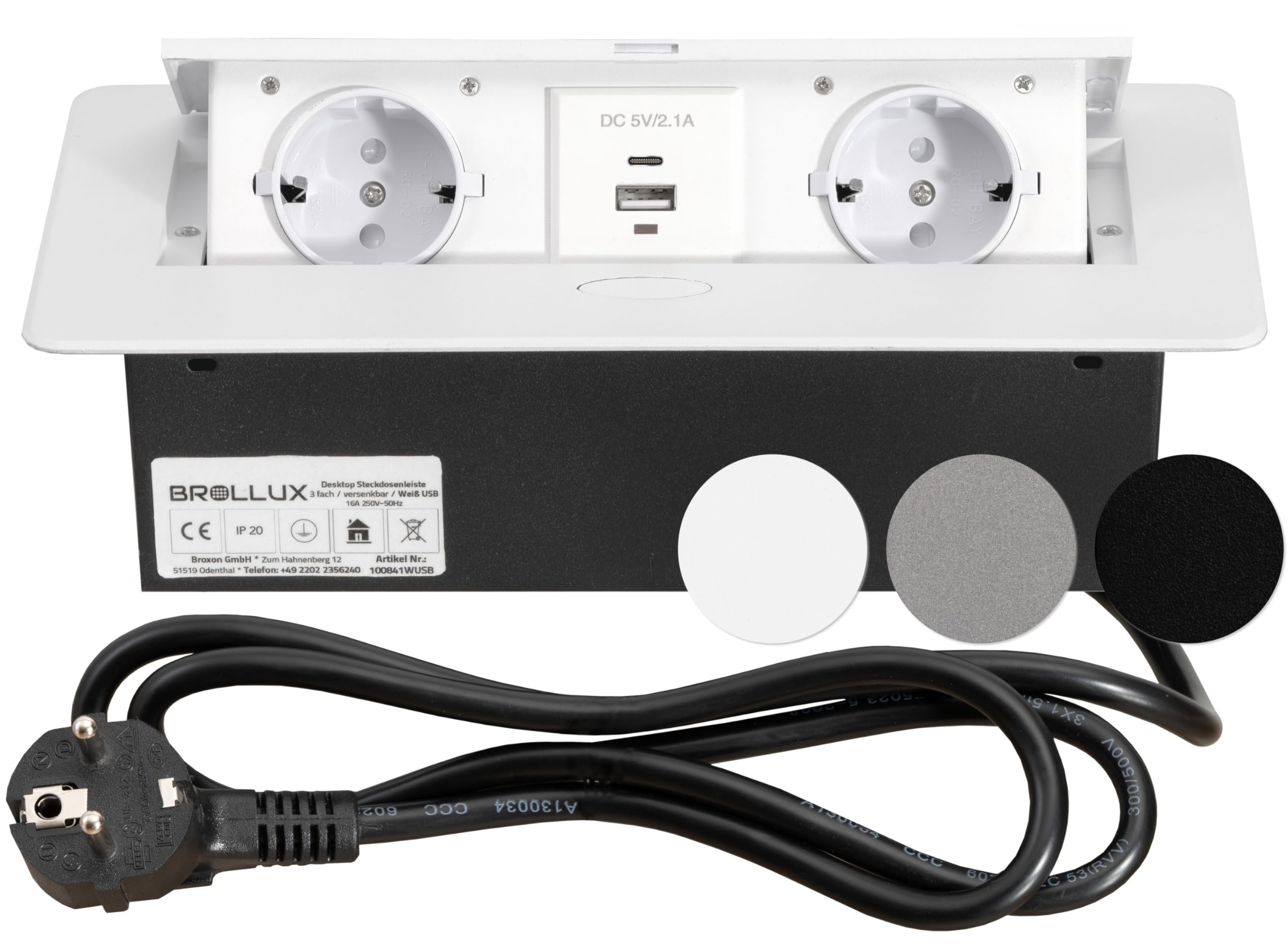 Brollux Enchufe empotrable retráctil de 2 enchufes con USB y USBC blanco con apertura suave de aluminio fundido por inyección de 1,5 m cable de conexión