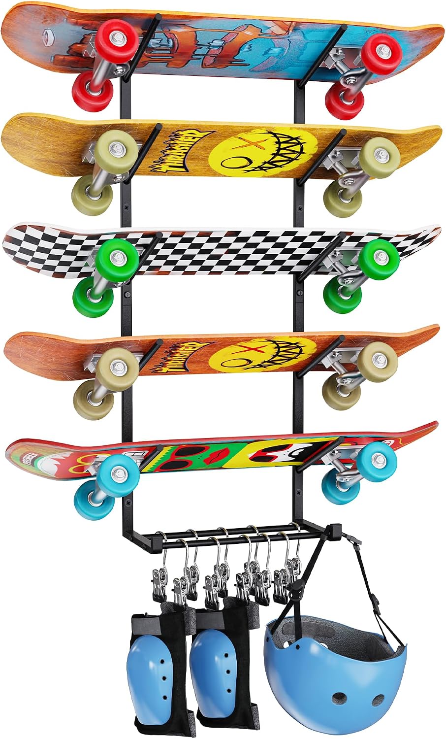 5-Tier Skateboard Rack Wall Mount, 5-Skateboard Holder with 10 Hooks