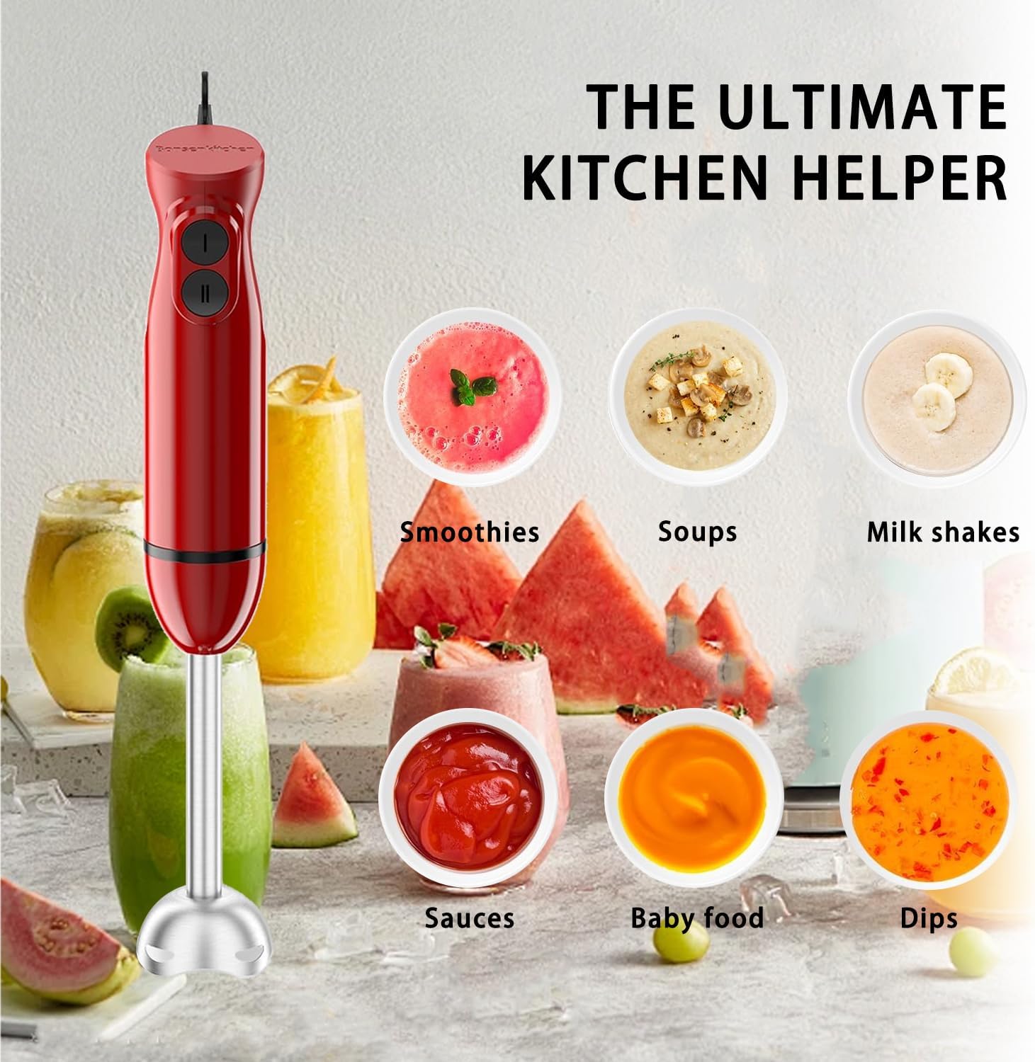 Bonsenkitchen Red Immersion Hand Blender, 2-Speed Stick Mixer for Smoothies, Soup & Baby Food, Portable Electric Blender with Stainless Steel Blades, Easy Clean