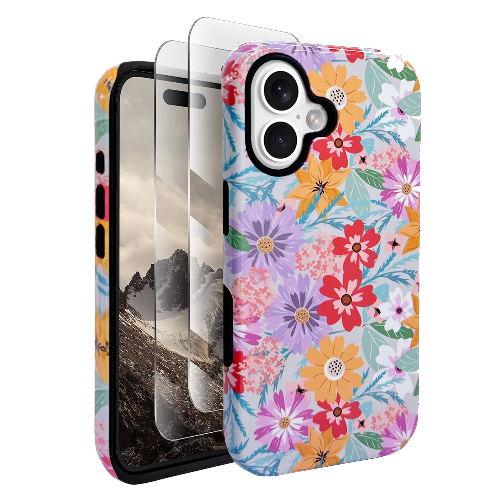 J.west Compatible with iPhone 16 Case 6.1 inch with 2 Pack Tempered Glass Screen Protectors Cute Floral Flowers Hybrid Cover for Girls Women Aesthetic