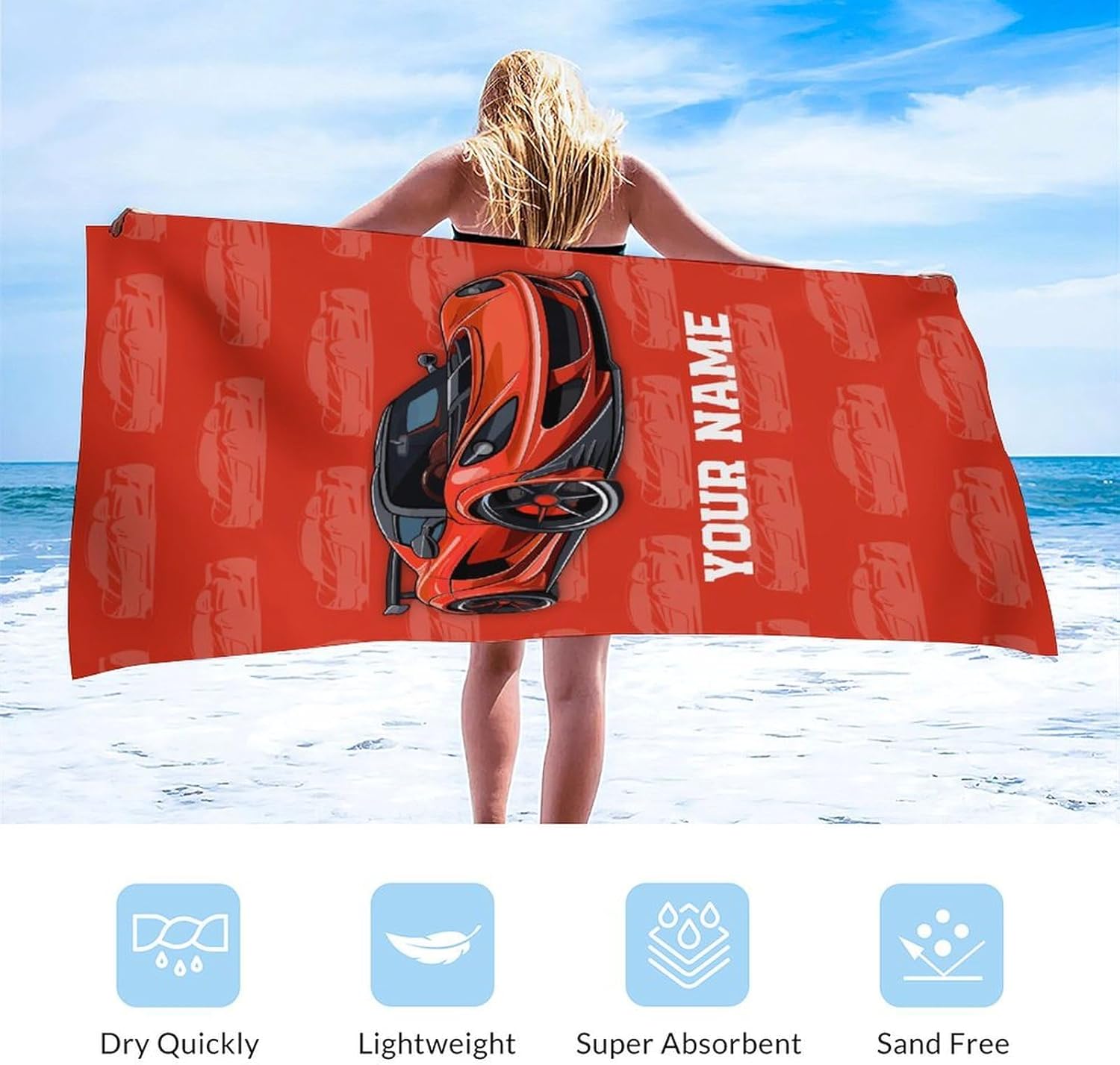 Personalized Beach Towels with Name - Lightweight Quick Dry - 40x70 Inch Racing Car Beach Towel for Holiday, Pools, Travel