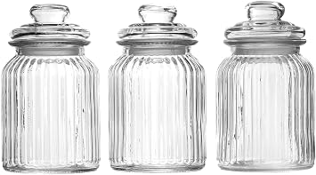 990ml Vintage Airtight Glass Jars with Lids, Set of 3, Storage Containers | Traditional Sweet Jars, Glass Storage Containers for Tea, Coffee, Sugar, Biscuits, Pasta - Kitchen Pantry Storage, Spell Jars