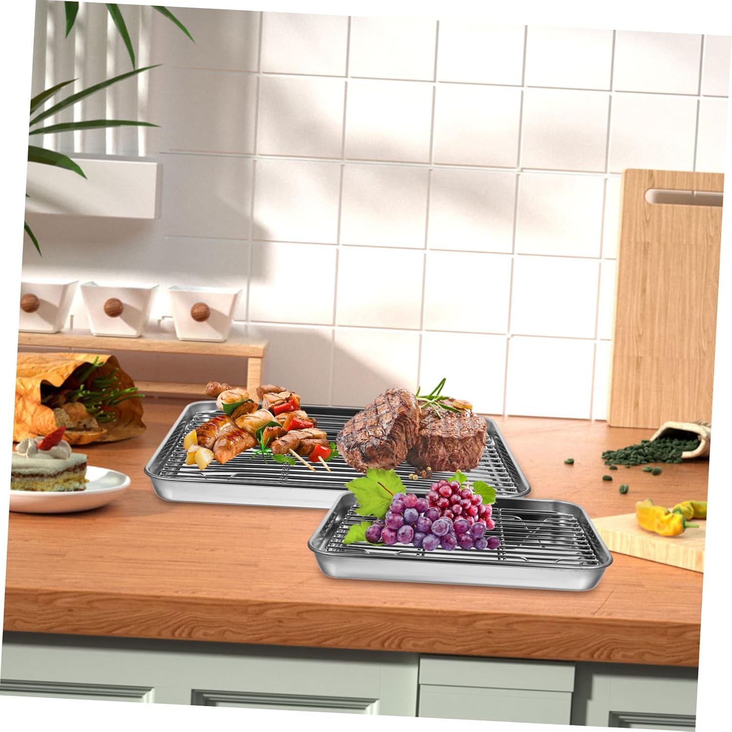 2pcs Square Stainless Steel Baking Sheets Wire Rack Fruit Vegetable Drain Pans Storage Pans for Kitchen Organization