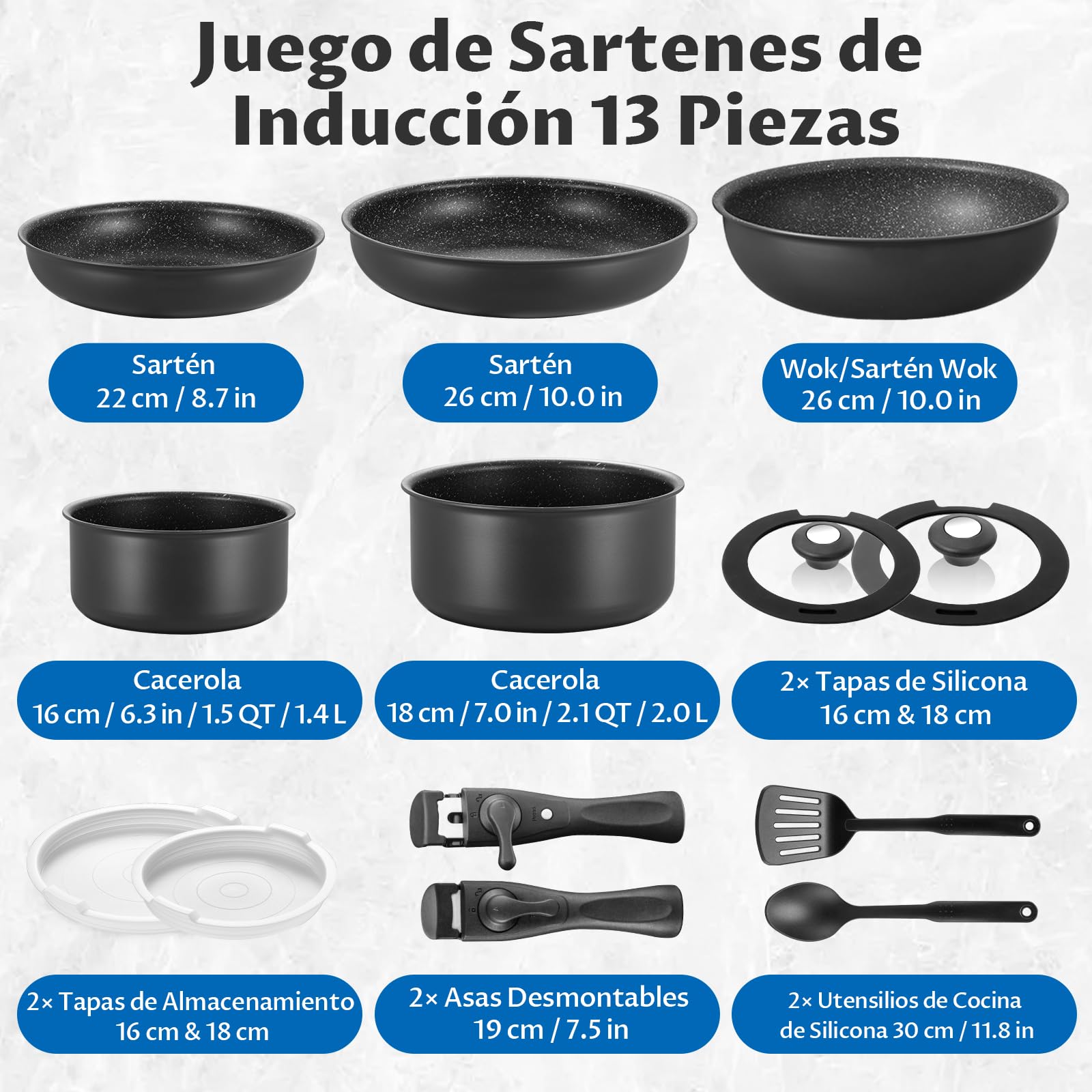 BEZIA Juego de Ollas y Sartenes 13 piezas, Sartenes Mango Extraíble, Batería de Cocina Antiadherente, sin PFOA y PFOS, apilable para todo tipo de cocinas, apto Lavavajillas y Horno