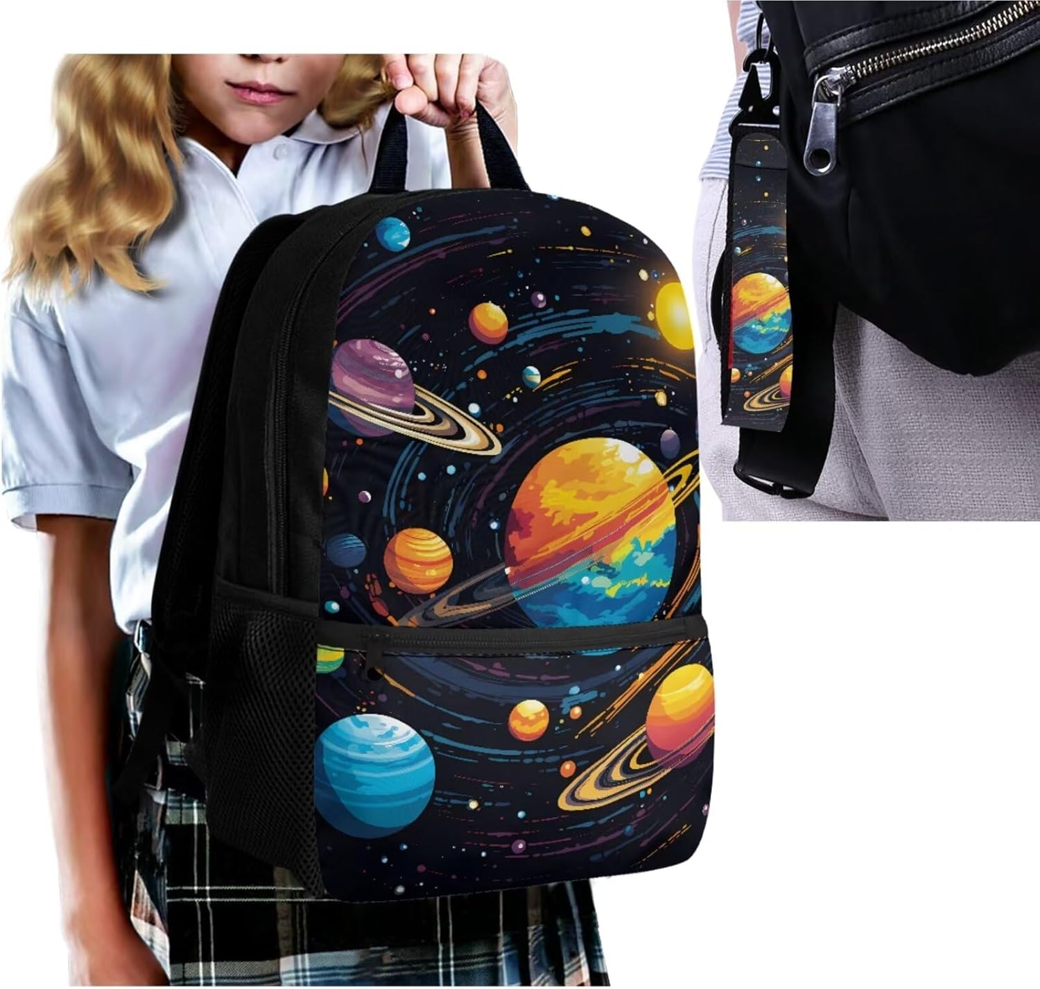 Kids Backpack Boys Backpacks with Lunch Box Men Pencil Case Organizer School Bag Keychain Wristlet Crossbody Bag Mens Sling Bag,Planet Print