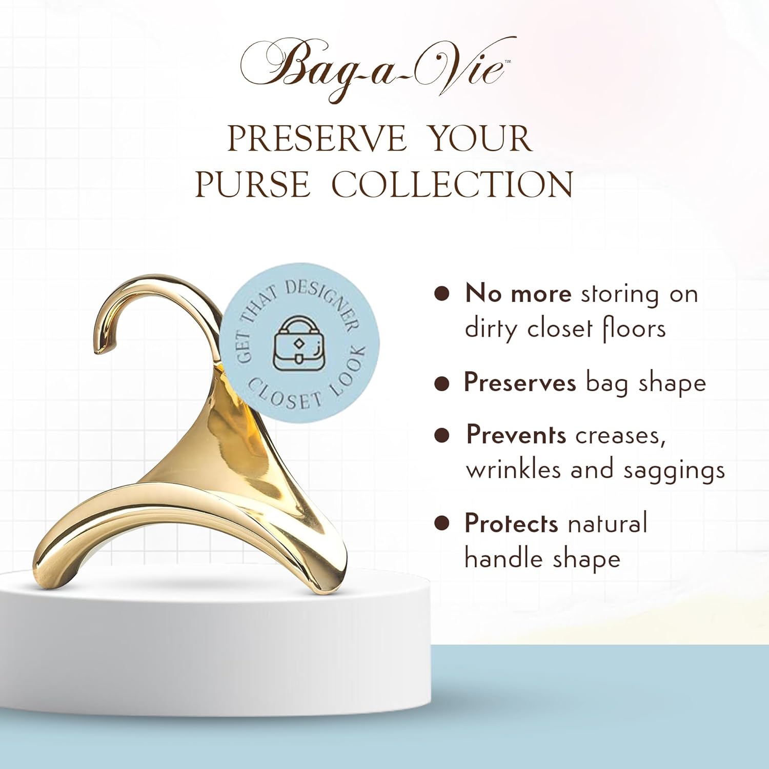Bag-a-Vie Purse Hanger for Closet - Handbag Organizer Hooks for Hanging Bags & Purses, Protecting Bag Shape & Organizing Space (3 Hanger, Gold Metal)