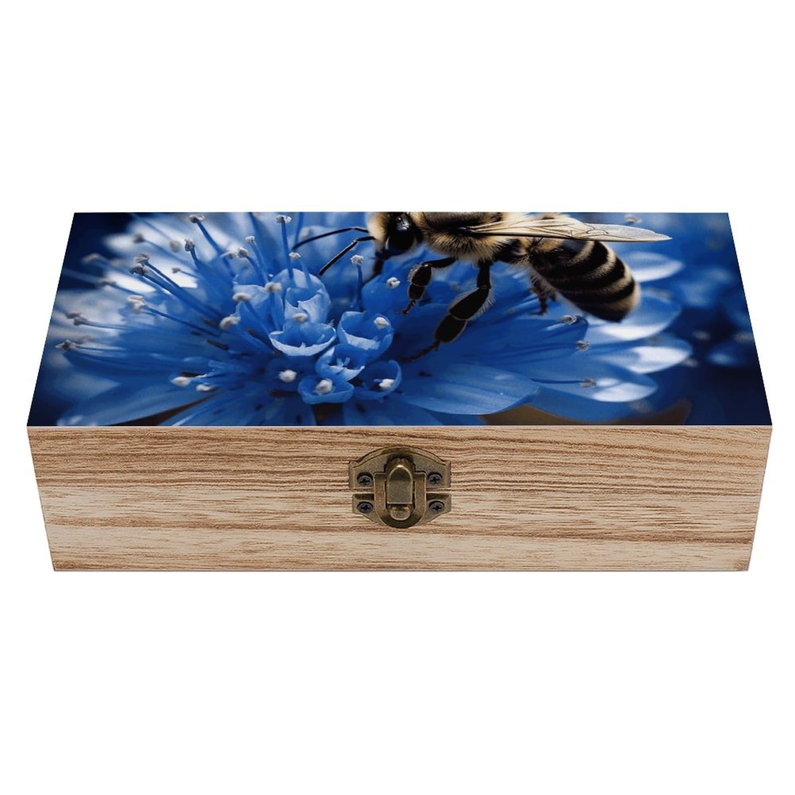 Oudrspo Blue Flower Bee Wooden Keepsake Box Decorative Memory Storage Box with Hinged Lid Small Jewelry Keepsake Boxes for Storing Gift Pictures Letters Time Capsule