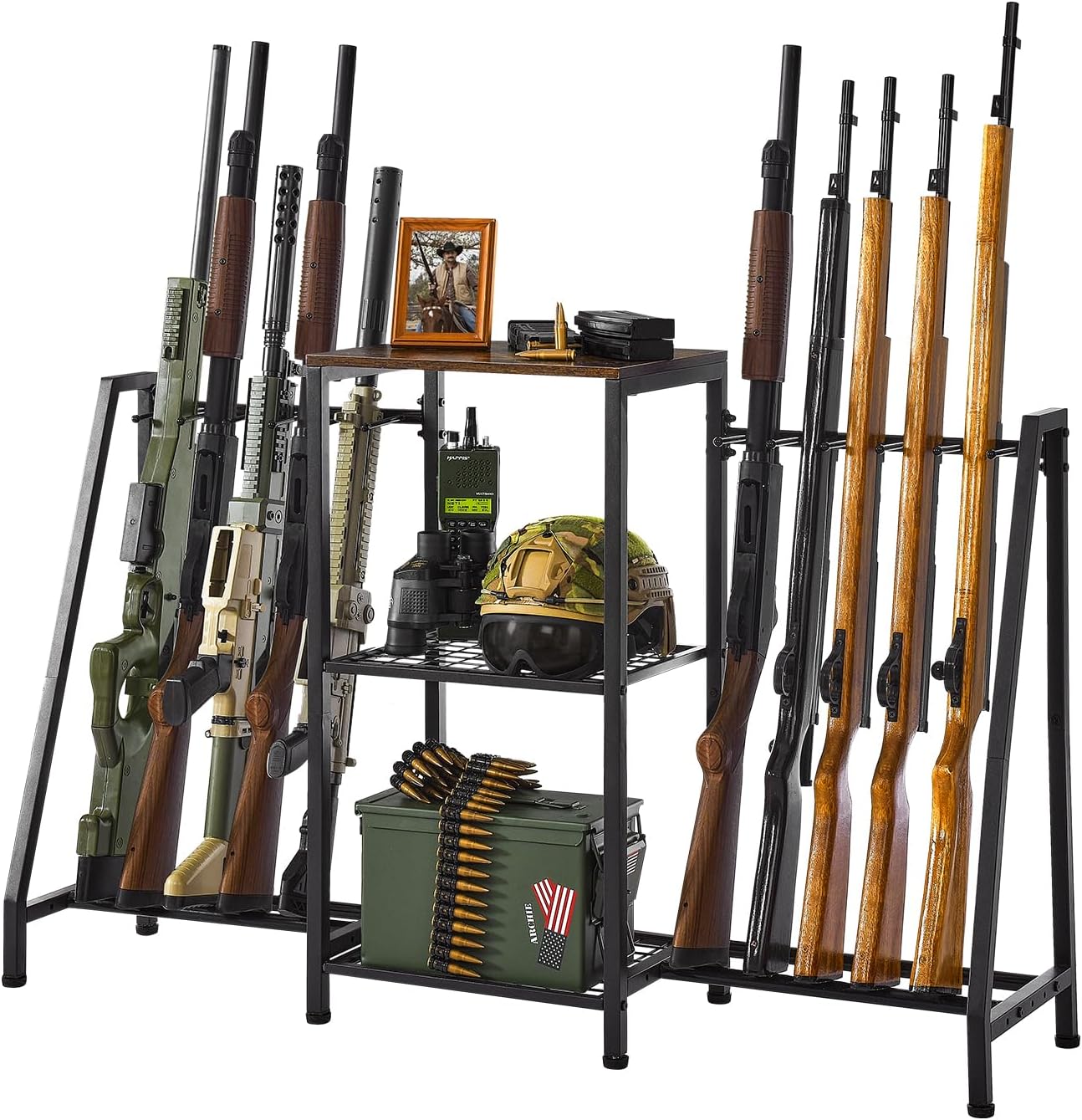 DGWJSU Gun Rack, Rifle Rack with Gun Storage Solutions, Indoor Standing Floor Shotgun Rack, Shooting Clubs, Hunting Range, Holds Up to 10 Long Guns and Gun Accessories Organizer