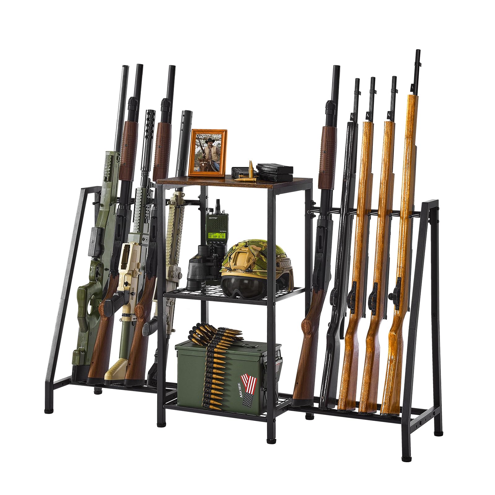 Gun Rack, Rifle Rack with Gun Storage Solutions, Indoor Standing Floor Shotgun Rack, Shooting Clubs, Hunting Range, Holds Up to 10 Long Guns and Gun Accessories Organizer