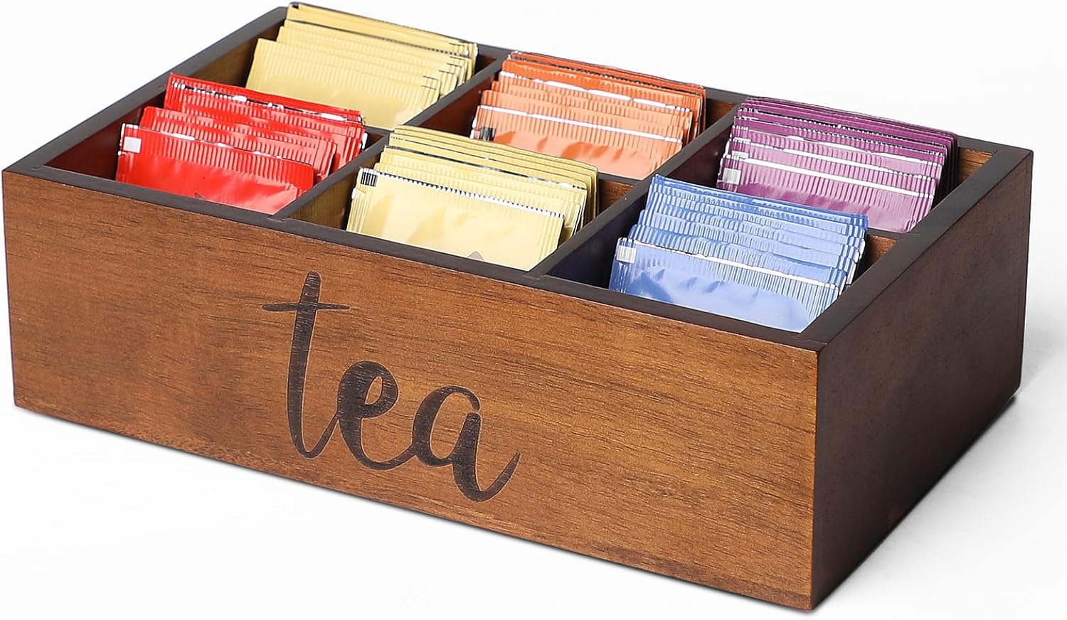 LBEMEY Tea Bag Organizer,Acacia Wood Tea Storage Containers with 6 Compartments, Sugar Packet Holder,Tea Bag Caddy Box for Cabinet Countertop Office (Brown-Labeled "Tea")