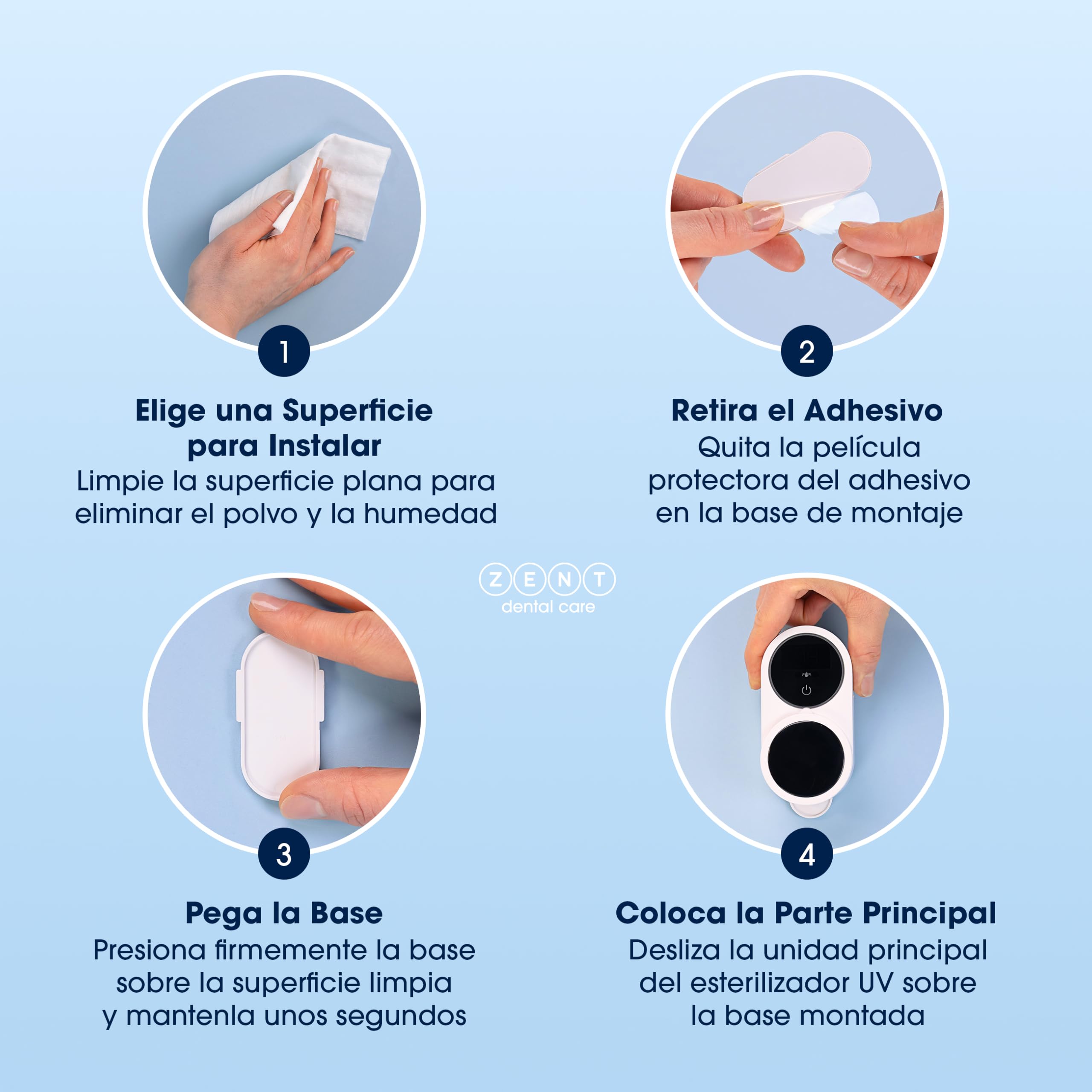 ZENT Esterilizador Cepillo Dientes - Desinfección Doble UV-C y UV-A - Higienizador Cepillo Dientes - Montaje Sin Taladro - Esterilización Automática con Batería 50 Días - Pantalla HD