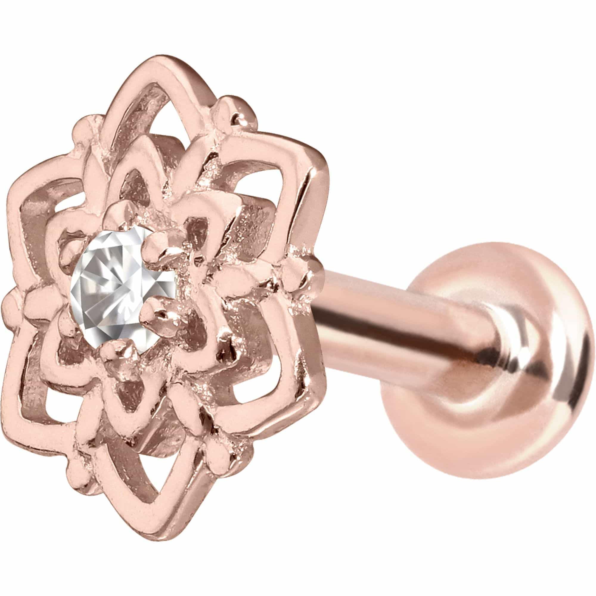PIERCINGLINE Piercing Stecker 14 Gold Labret mit Innengewinde MOISSANIT + BLUME 585er Gold - Roségoldfarben, Goldfarben, Silberfarben