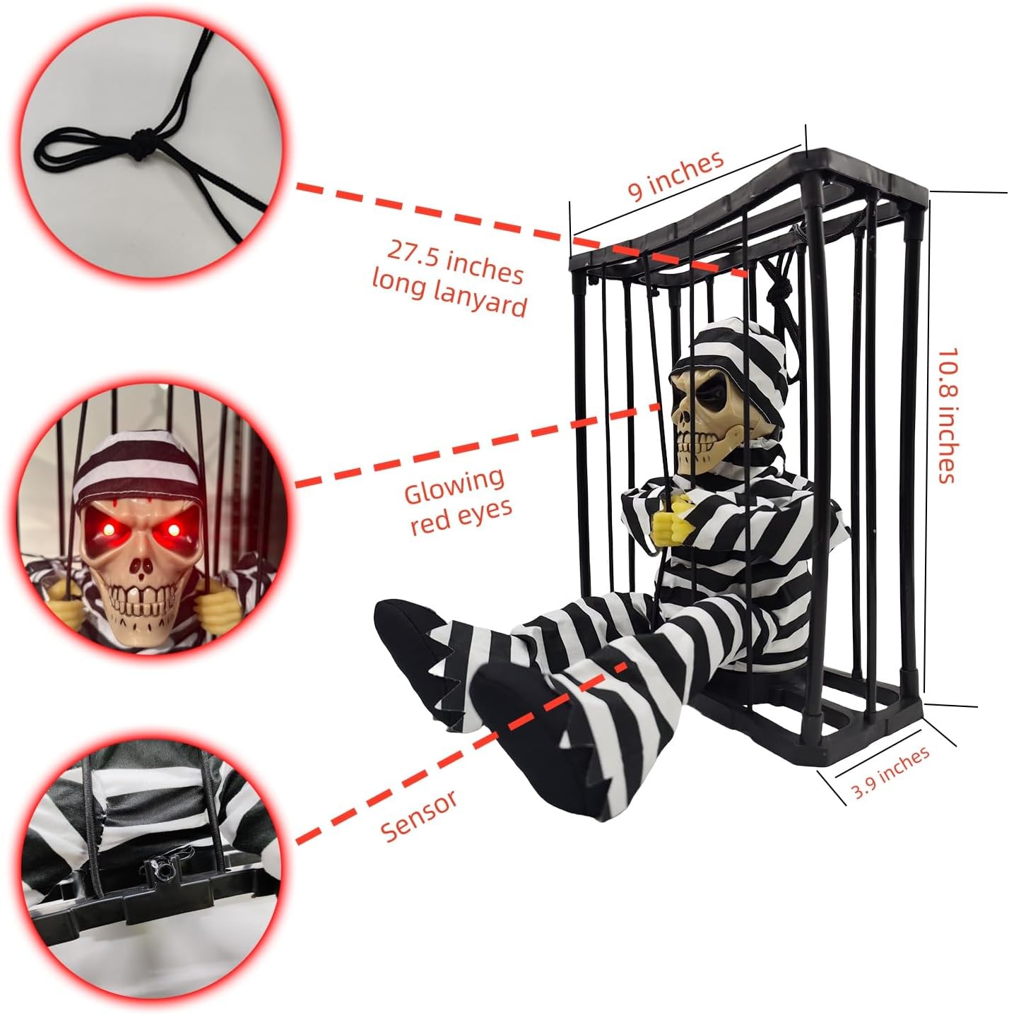 Lighted Prisoner in Cage Halloween Hanging Decoration, Animated Skull Decorations with Motion Sensor, Creepy Haunted Horror Prop, Screaming Ghost Decorations for Halloween Yards Indoor Outdoor