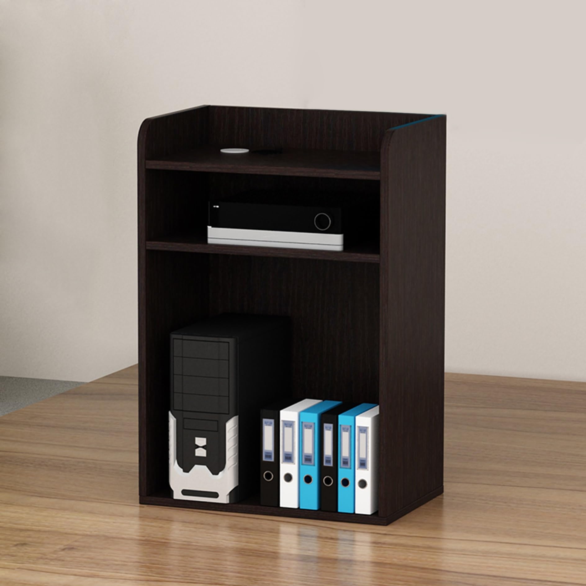 Petit bureau de réception en bois avec étagères ouvertes – Comptoir polyvalent et présentoir de table de conférence pour la maison et le magasin – Solution de réception idéale