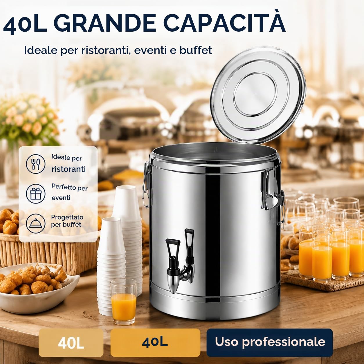Contenitore termico per acqua in acciaio inox, 40 l, con rubinetto, in acciaio inox 201, isolamento da 18,5 mm, superficie lucidata, ideale per zuppe, stufati, tè e bevande calde