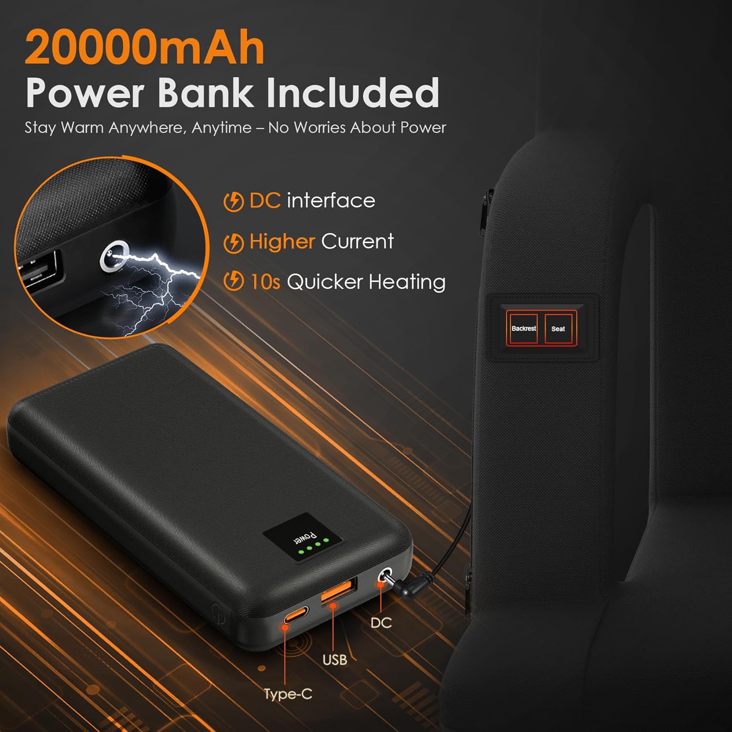 HOPERAN Dual-Sided Heated Stadium Seats for Bleachers with Back Support, 20000mAh Power Bank Included Stadium Chair, 3 Levels Heating Stadium Seating for Bleachers Seat with Backrest