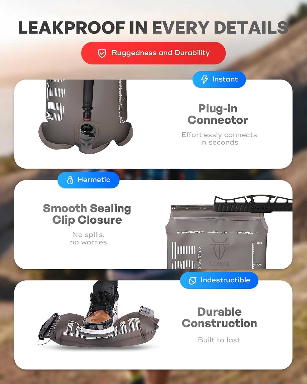 UTOBEST Hydration Bladder,TPU Water Bladder,Water Bladder for Hiking Backpack,BPA Free,Wide Opening,Leak-Proof,Water Reservoir for Hiking Cycling Camping Running