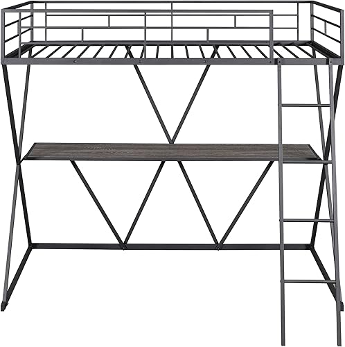 Miniatura 5 de LZ LEISURE ZONE Cama alta individual con escritorio, marco de cama alta de metal, cama tipo loft tamaño individual con escalera y barandillas de