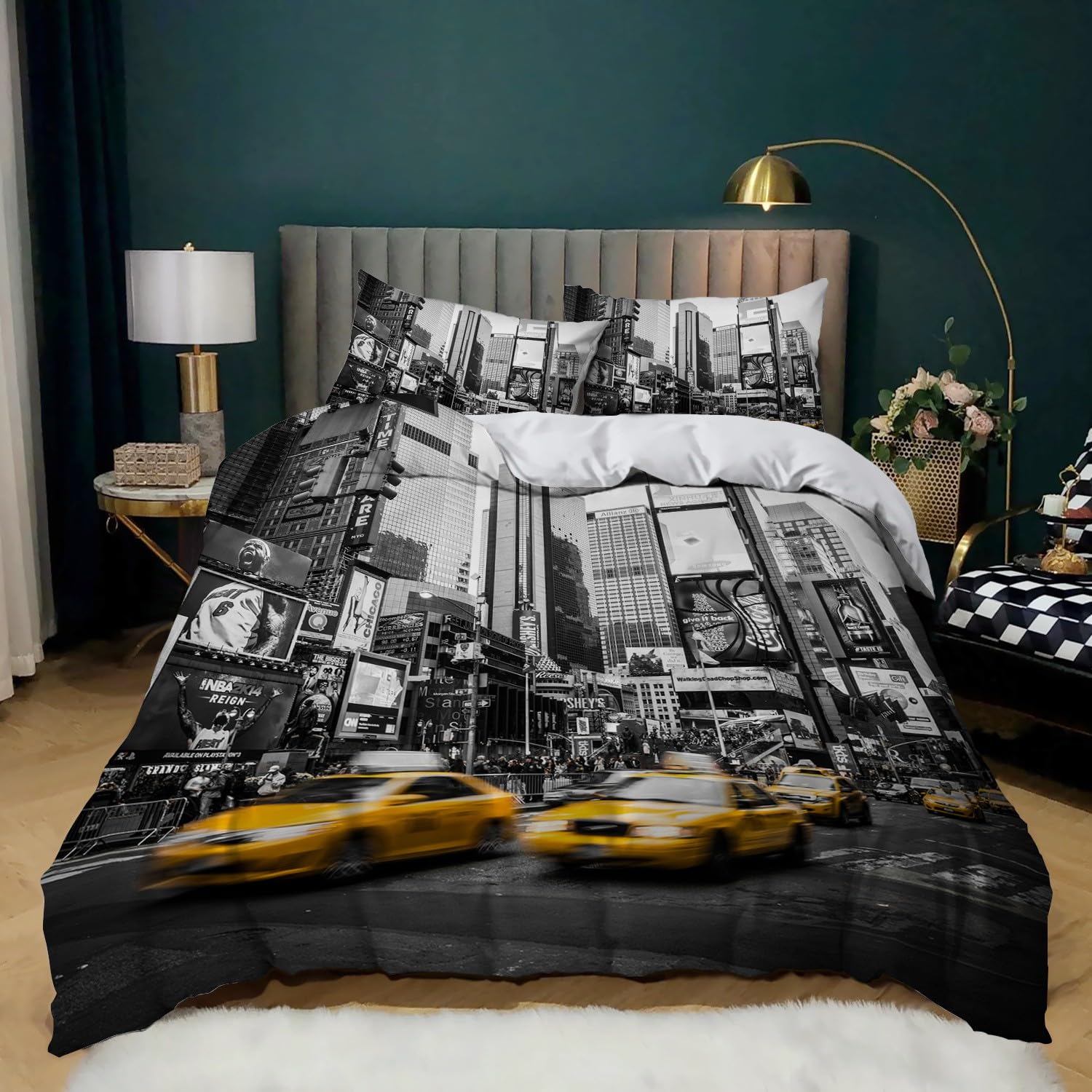 Parure de Lit Taxi New-Yorkais Housse de Couette 220x240 cm avec 2 Taies d'oreiller 65x65 cm, Doux Housse Couette 2 Personnes en Microfibre Imprimée avec Fermeture Éclair