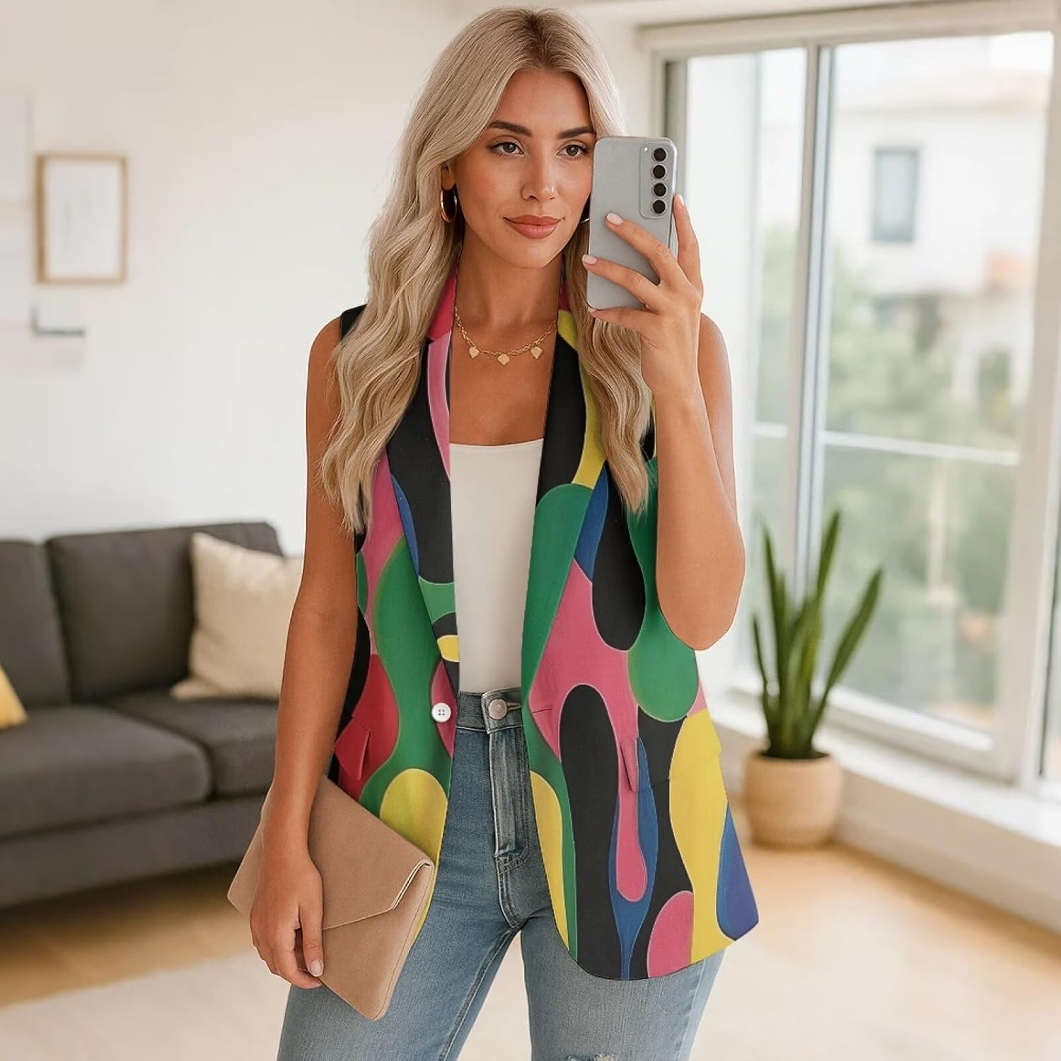 INSTANTARTS Women's Long Vest Jacket with Pockets Open Front Vests for Women Sleevless V Neck Lightweight Vest Top Fashion