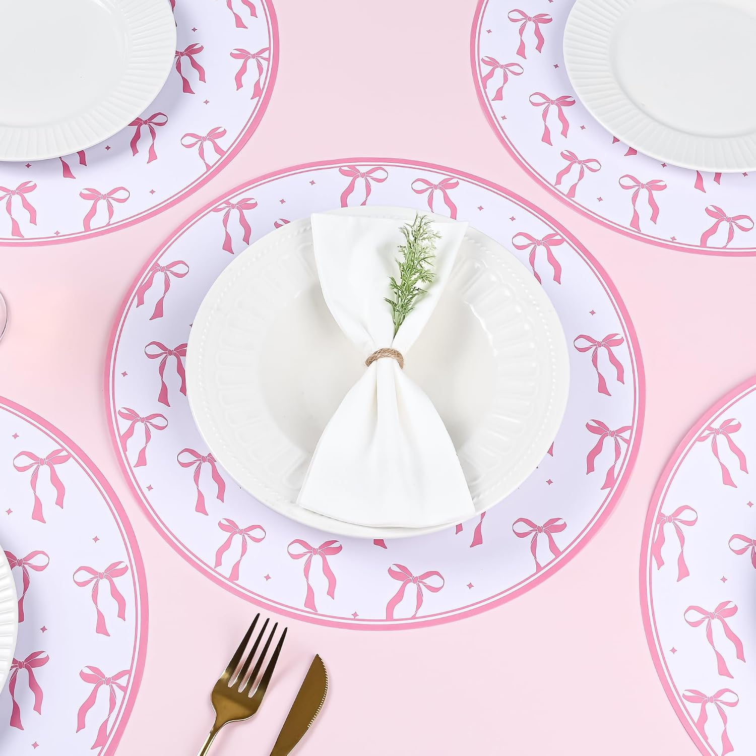 50Pcs Pink Bow Paper Placemats Pink Bowknot Round Disposable Party Place Mats Coquette 13" Paper Cutouts for Wedding Bachelorette Bridal Baby Shower Birthday Table Setting