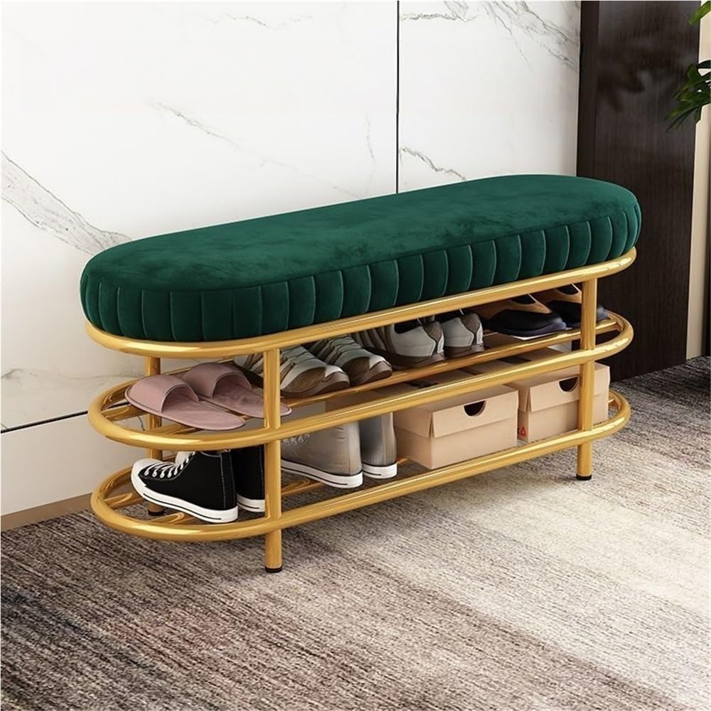 Banc à chaussures tabouret pouf rangement entrée chambre velours vert 80cm