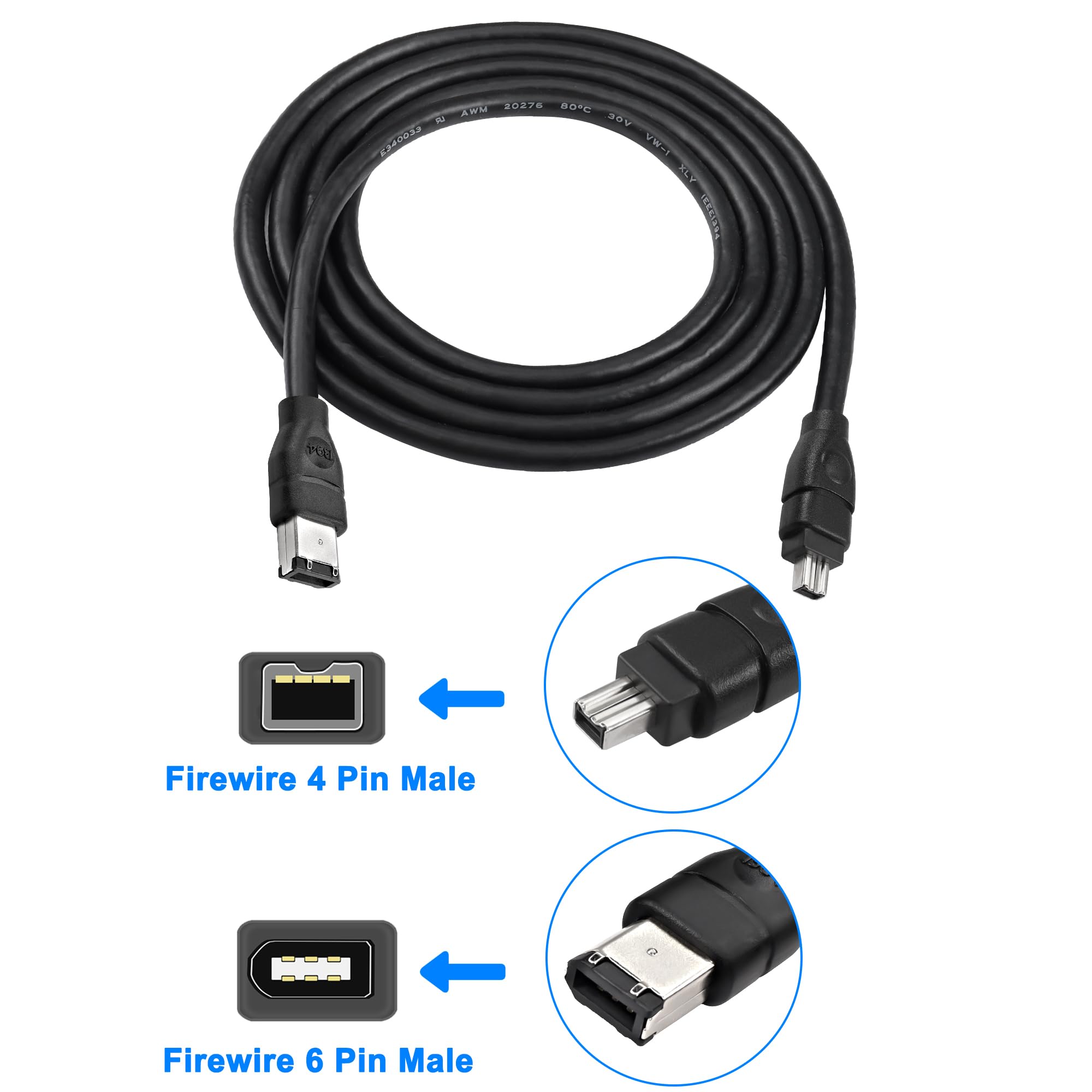 MEIRIYFA Firewire IEEE 1394B wtyczka 6-stykowa do 4-pinowego kabla wtykowego, Firewire 400 do Firewire 400 4 Pin do 6 Pin High Speed 400 Mbps do drukarki, skanera, aparatu cyfrowego (1,8 m, czarna)