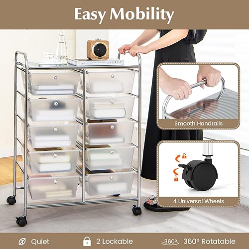 Miniatura 4 de RELAX4LIFE Carrito de almacenamiento rodante con 10 cajones, carrito de almacenamiento para manualidades con ruedas bloqueables, carrito utilitario,