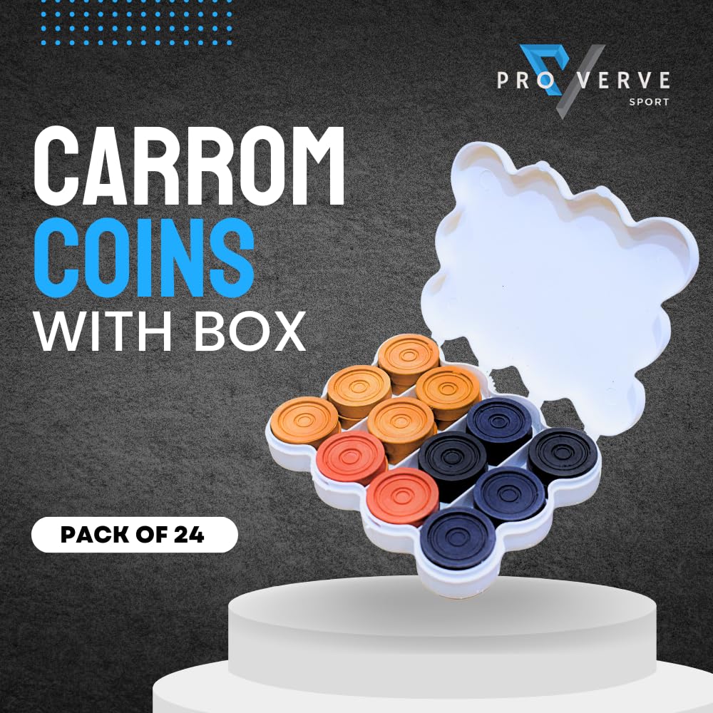 Proverve Carrom Coins Set with Floral Striker & Disco Powder | 8mm Plastic Wooden Look Carrom Board Coins Combo for Kids & Adults | Carrom Accessories Kit (24 Coins)