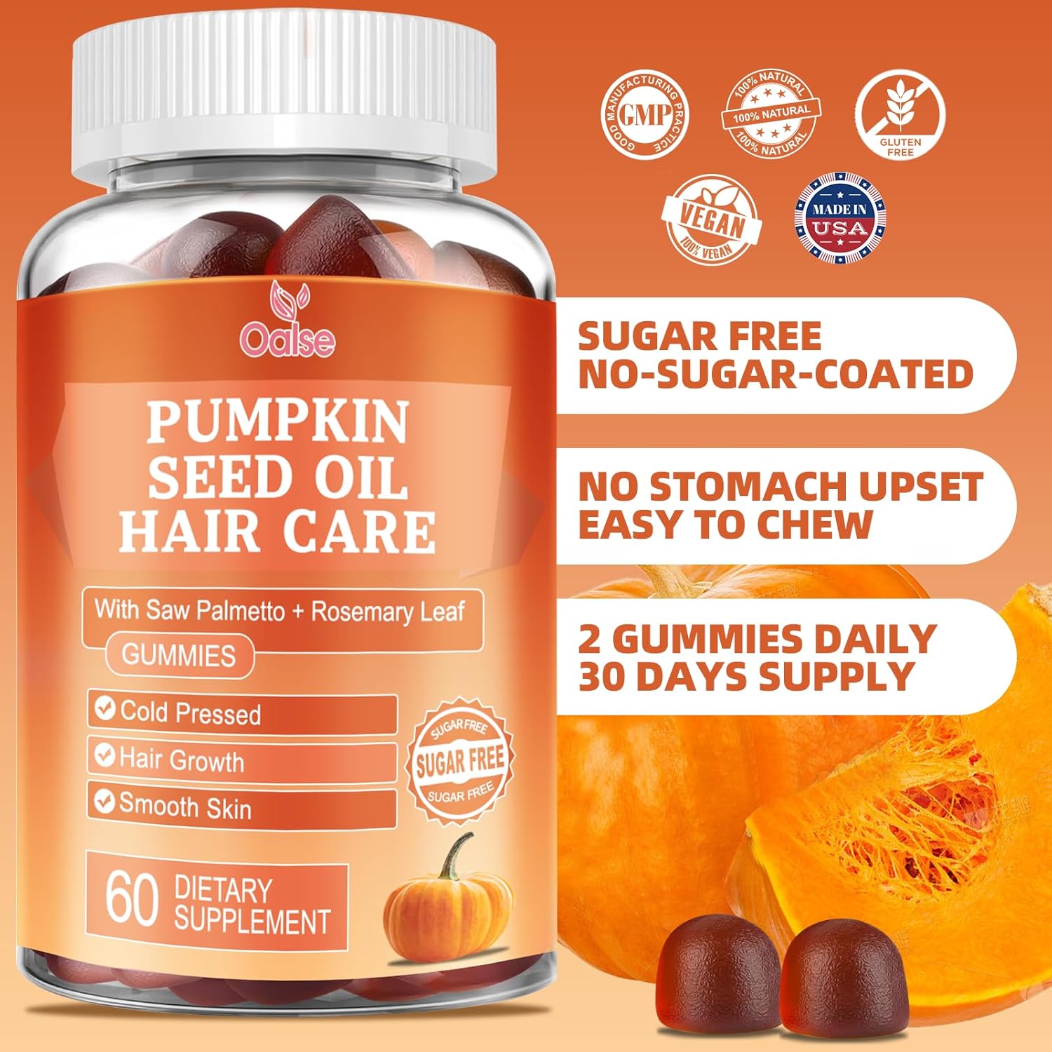 Pumpkin Seed Oil with Saw Palmetto Gummies, 3500mg Per Serving, Cold Pressed, with Rosemary Leaf, Zinc, Hydrolyzed Collagen Peptides, Pumpkin Seed Oil for Hair Growth, Vegan, 60 Counts