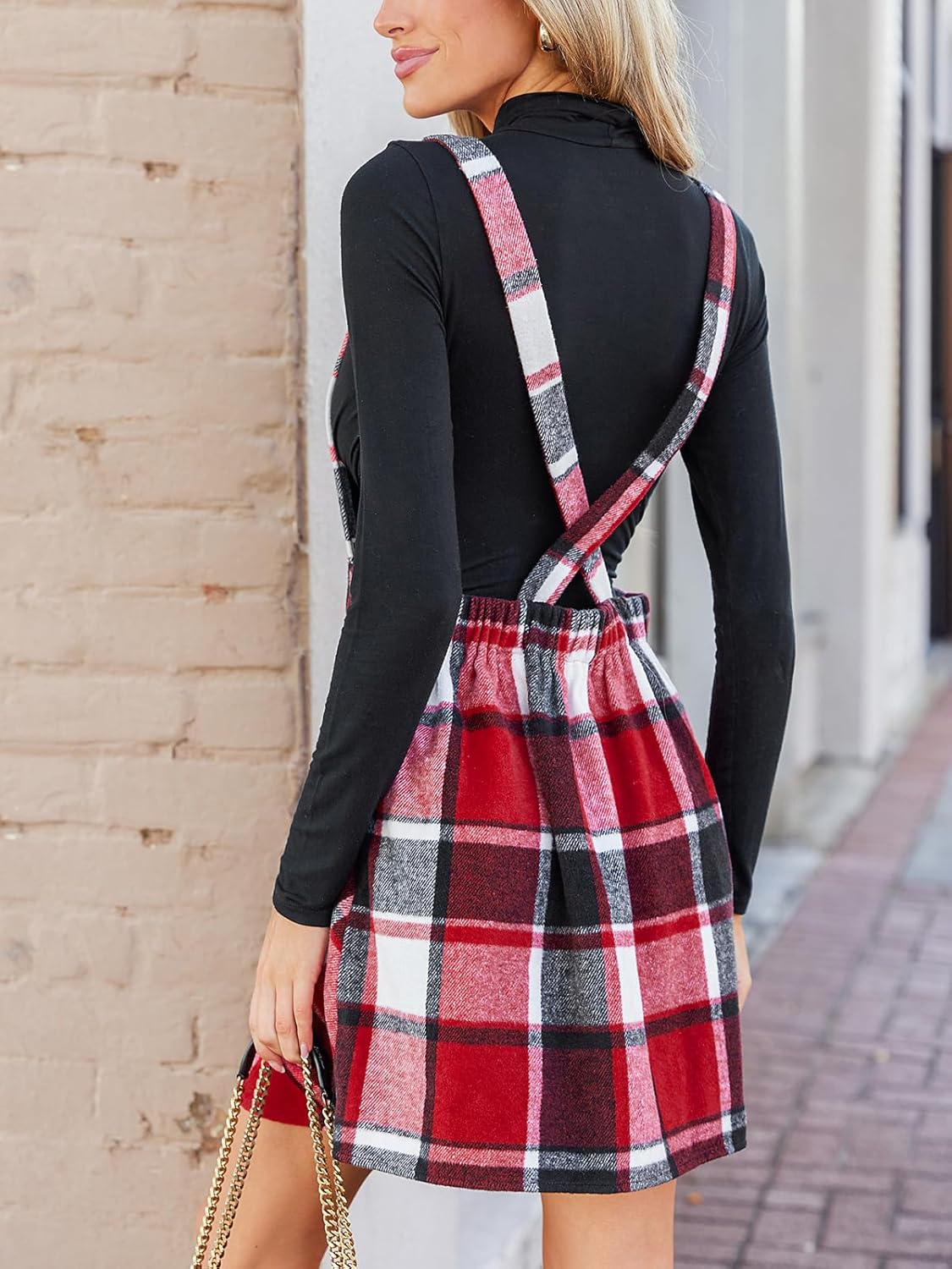 CUPSHE Women's Overall Dress Square Neck Plaid Sleeveless Casual Short A Line Cute Fall Mini Pinafore Dresses - Image 3