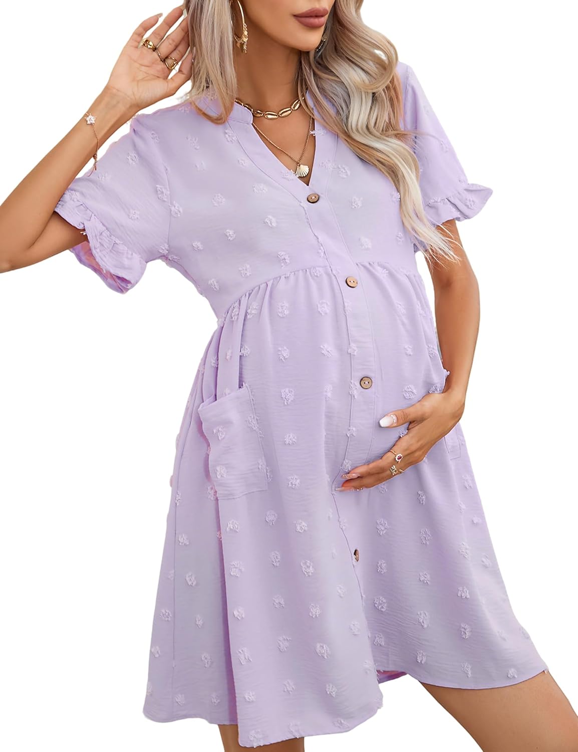 Maternity Dress v Neck Ruffle Short Sleeve Swiss Dot Photoshoot Mini Dress with Pockets