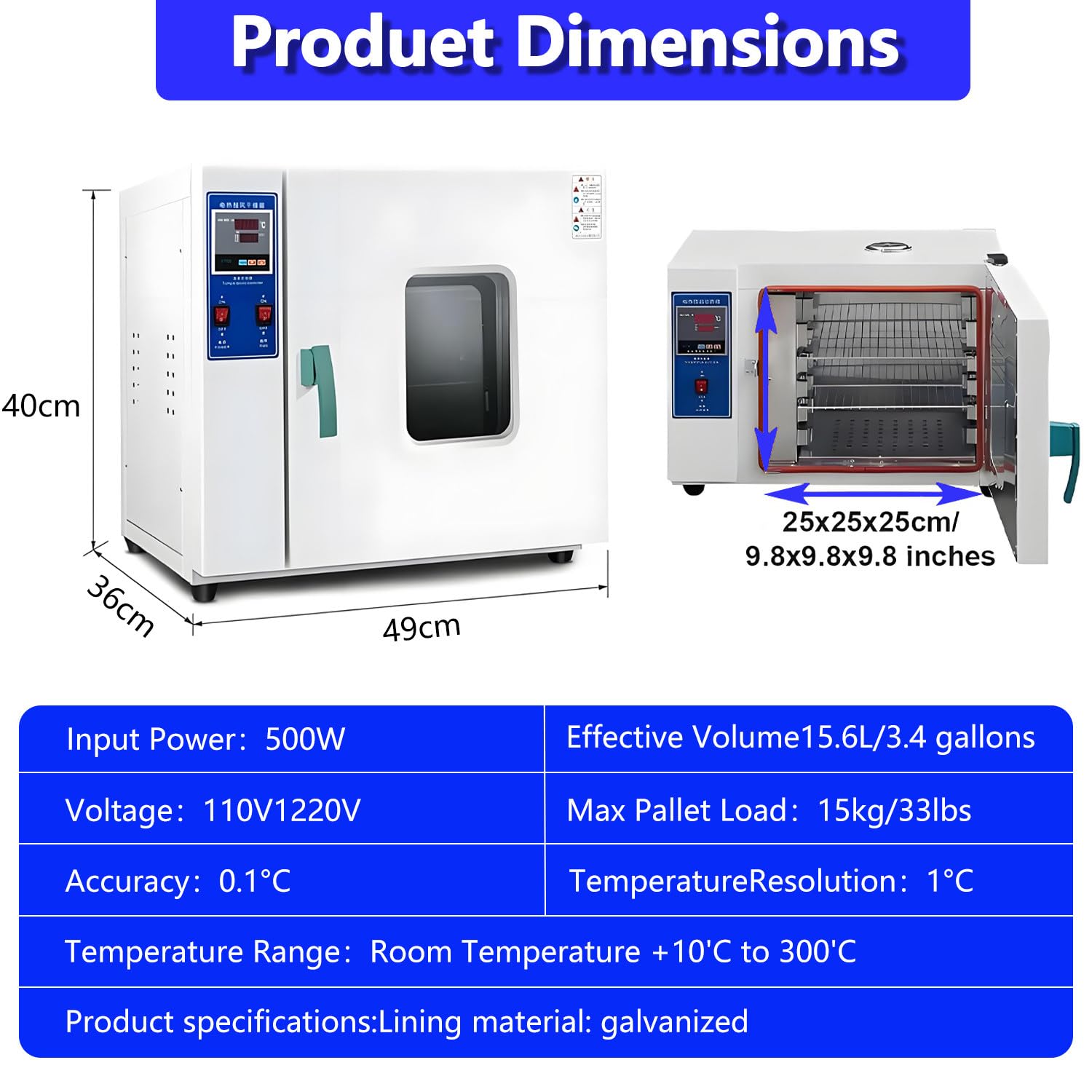 Horno de secado por chorro de temperatura constante de 15 l/40 l, horno de secado al vacío con control de temperatura, temporizador y revestimiento galvanizado, para el secado de artículos. 15L