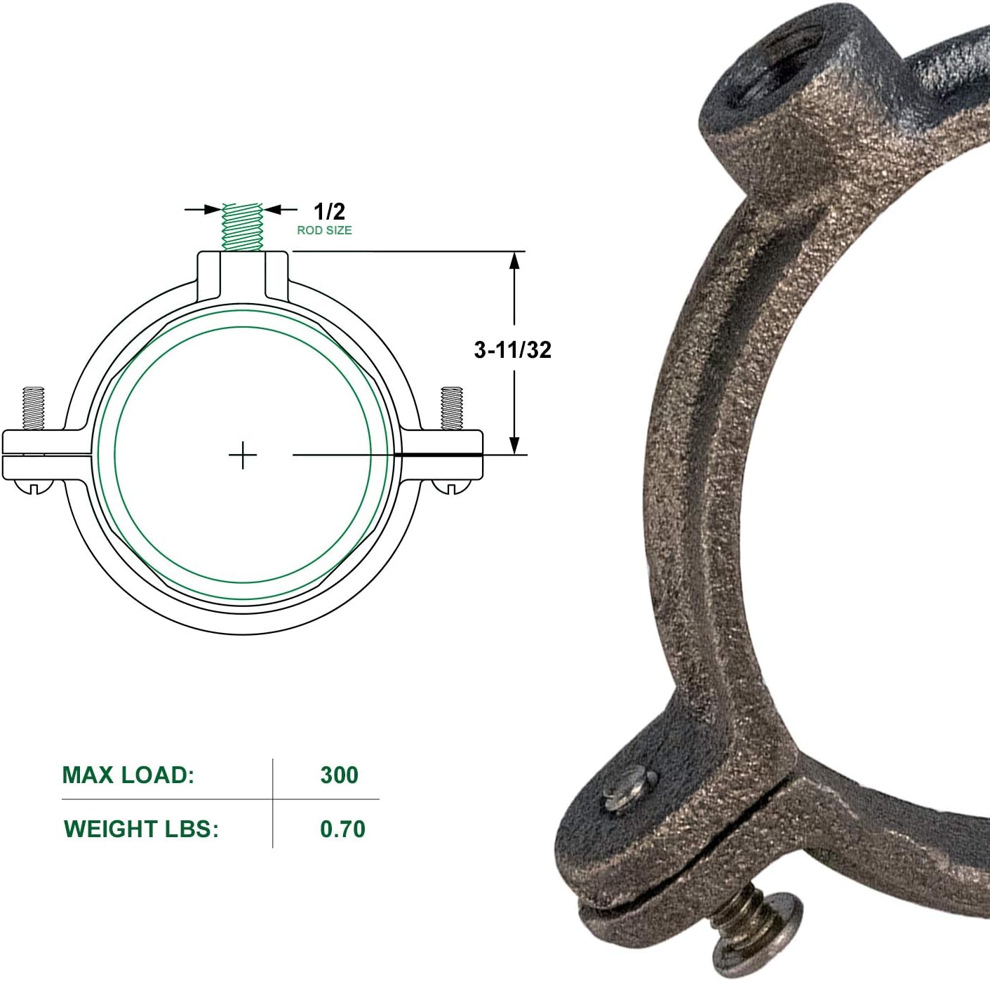 HIGHCRAFT S2PCB-04-5 Industrial Decor 2 Piece Split Ring Pipe Clamp 4 in. Malleable Iron, with 1/2 in. Rod Fitting, Vintage Mounting Bracket for Tubing, Shower Curtain, Tiki Torch (5 Pack)
