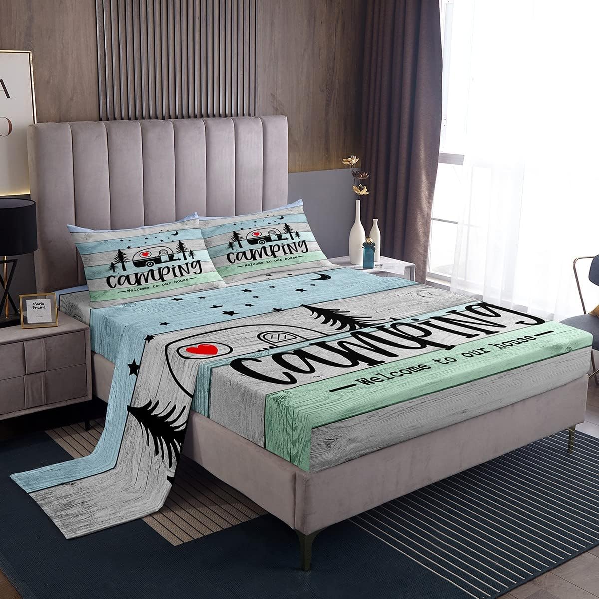 Kids Camping Bed Sheets Set King, Kawaii Camper Car Sheet Set, Stars