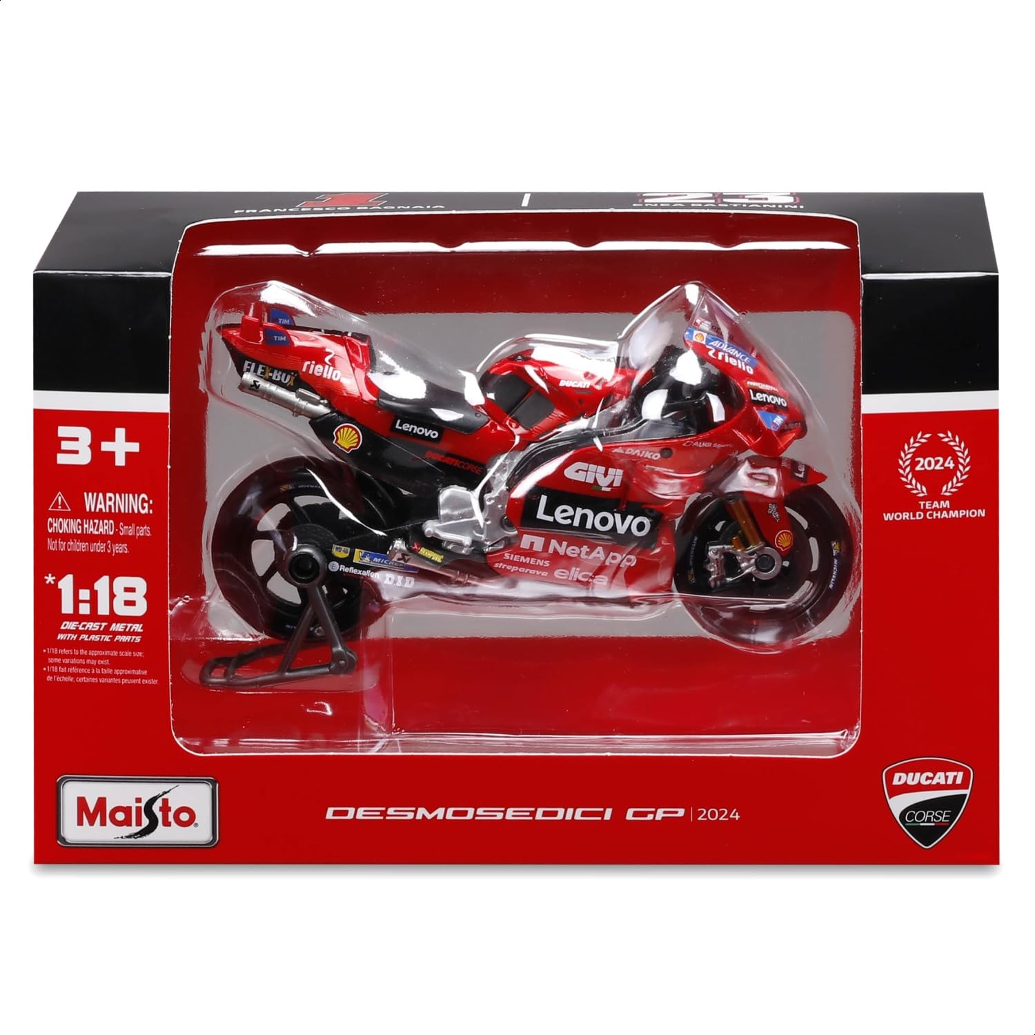 Maisto - Ducati Lenovo Team 2024 Bagnaia #1, Escala 1:18, Moto Diecast de Colección con Detalles Realistas, Licencia Oficial Ducati, Réplica MotoGP Francesco Bagnaia, Edad Recomendada 3+ Años