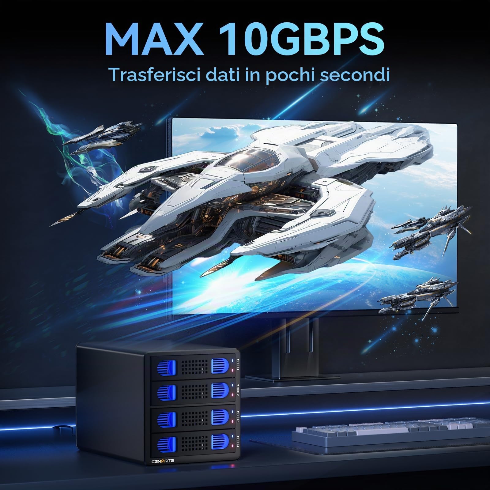 Case Hard Disk, CENMATE 10Gbps Case HDD 4 Bay Alluminio con Ventola per HDD/SSD SATA da 2,5/3,5, USB A/C 3.2, Supporto Sostituzione a Caldo, Senza Attrezzi, DAS (NO RAID/NAS)